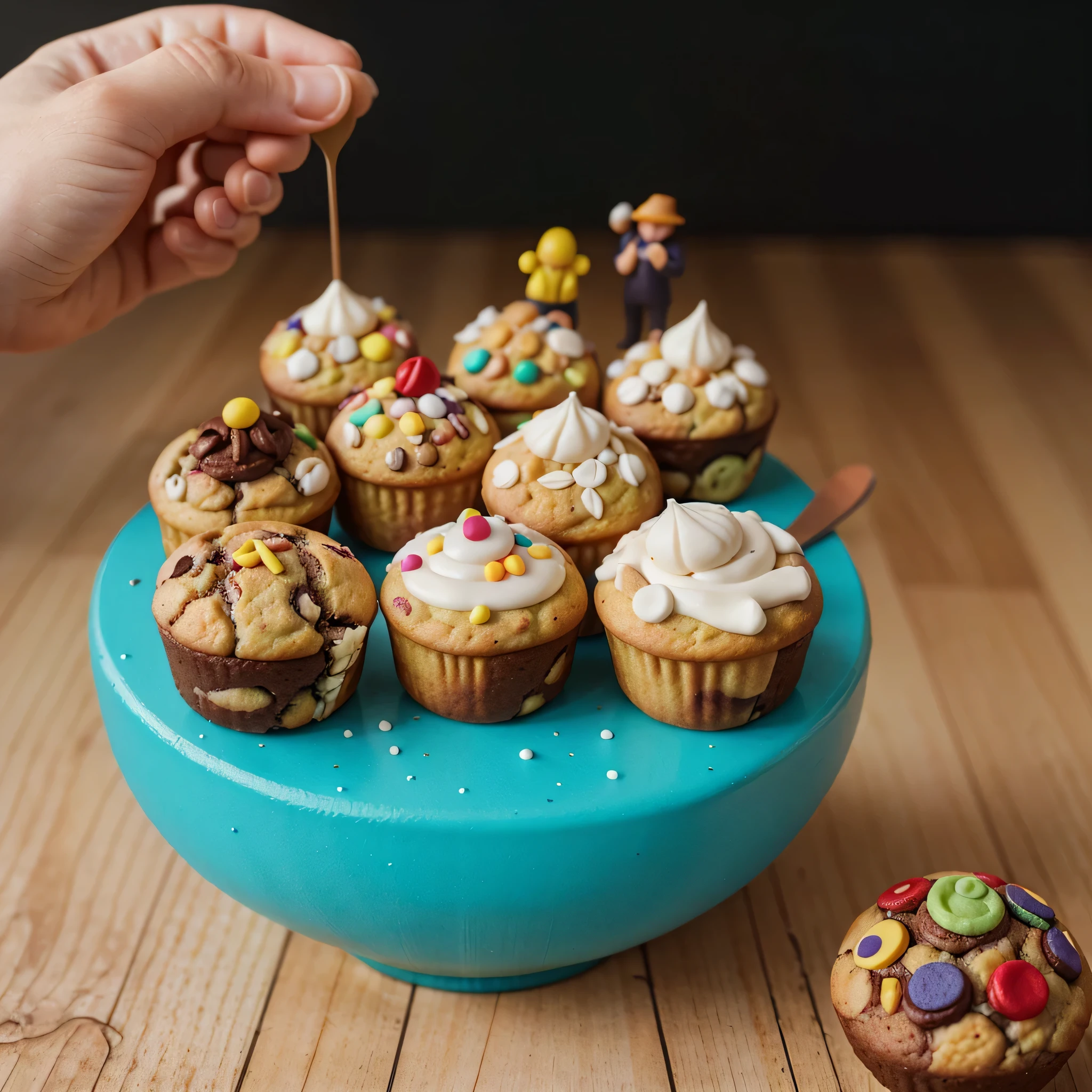 there are many miniature people standing on top of muffins, miniature photography closeup, edible crypto, tiny people devouring food, miniature photography, 4k polymer clay food photography, baking artwork, inspired by Chris LaBrooy, food commercial 4 k, by Jan Kupecký, detailed conceptual photography, beeple. hyperrealism, by Chris LaBrooy