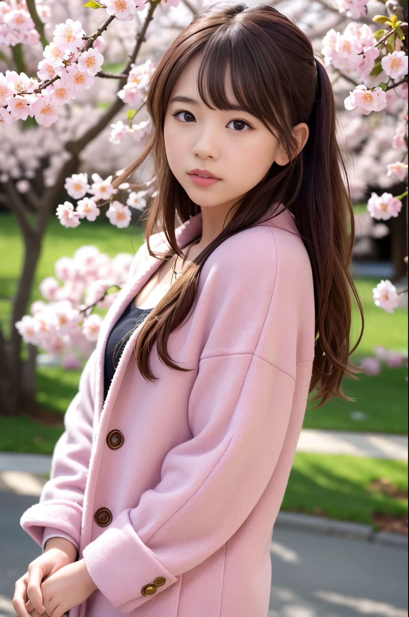 (8K, RAW photo, highest quality, masterpiece:1.3), (realistic, photo-realistic:1.4), (Highly detailed 8K wallpaper), sharp focus, Depth of written boundary,
japanese idol,very cute, baby face,(coat:1.3),(long hair :1.3), Upper body, highly detailed face and eyes,((shiny skin:1.2)), cinematic lighting, soft light, blur background,( A city with a cherry blossom avenue, full of pink blossoms in the springtime:1.2)