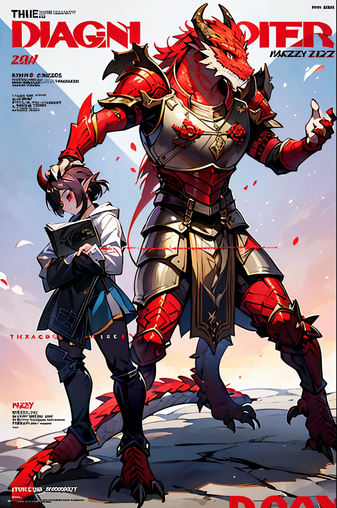 masterpiece, (1girl:1.5), extremely detailed female character, full body shot, best quality, dnd, dungeons and dragons, (thin, athletic, pointy ears), (red dragonborn, anthro, horns, red eyes, scales skin, damaged), (magazine title, text:1.5), ("Play Dragon", "Dragon":1.5), (magazine:1.5), medieval era, fantasy clothes, anime style, (medieval fantasy full plate small paladin cloth, paladin warrior, action pose), (nsfw:0.95)