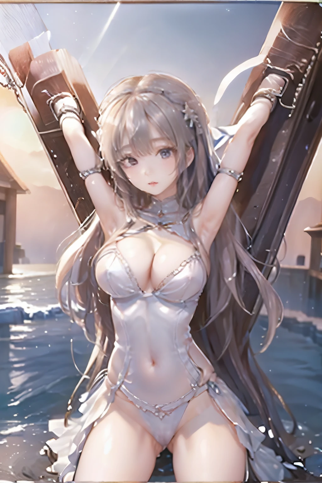 ((masterpiece、Super detailed、intricate details、high quality、clear、delicate、Accurate、An illustration))、goddess （（silver hair、18-year-old、150cm、40km、C cup、shyness、blush、Ahe face、stick out tongue、Watery eye、thin、enamel leotard、cleavage exposed、shining tiara、pleasure））、full moon、moonlight、full body figure:1.4、Overall view、View from a distance、meteor、comets、looking straight ahead、bdsm（（crucifixion、Lockに縛られている、first round、shackles、fetters、slave、Lock、bondage、bondage、Crotch rope））