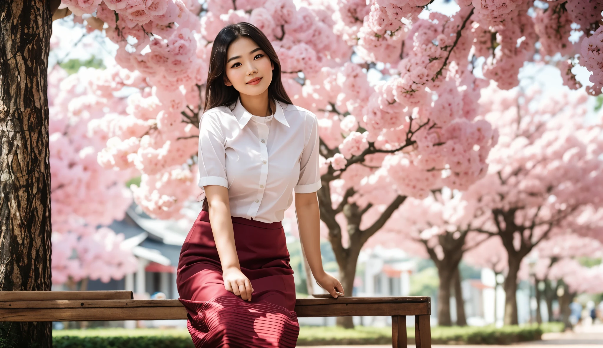there is a traditional Burma Myanmar woman with a pink dress sitting on a bench in a park, nivanh chanthara, in style of lam manh, a young asian woman, lovely woman, mai anh tran, asian girl, an asian woman, Myanmar woman, traditional beauty, traditional art, asian Myanmar woman, very high quality, young asian girl, a cute young woman, young asian woman, (8k, best quality, masterpiece:1.2), (realistic, photo-realistic:1.37), ultra-detailed, 1 girl, cute, solo, beautiful detailed sky, detailed cafe, night, dating, (nose blush), (smile:1.2), beautiful detailed eyes, business attire, rain, (8k, RAW photo:1.2),best quality, ultra high res,dramatic angle,(fluttered detailed color splashs), (illustration),(((1 girl))), ((Best quality, 8k, Masterpiece :1.3)), Sharp focus :1.2, A pretty woman with perfect figure :1.4, Slender abs :1.2, ((Dark brown hair, :1.2)), (White button up lshirt :1.1), City street:1.2, Highly detailed face and skin texture, Detailed eyes, Double eyelid