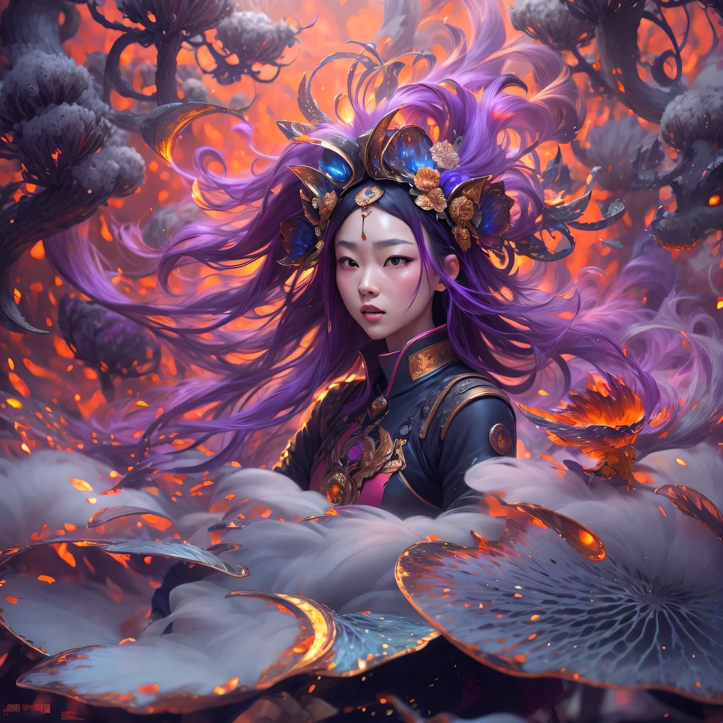 23679 Cyberpunk Year(masterpiece,HD,超HD,32k lotus root starch)Bright purple flowing hair,autumn pond, lotus root starch color, Asian (Michiko), (silk scarf), fighting stance, Looking at the starry sky, Orange gradient long hair, ((Thick frame reflective jade windproof goggles))Floating bright purple, Fire cloud gold headdress, Chinese long-sleeved gold silk garment, (Abstract ink splash:1.2),mars background,lotus(realistically:1.4),bright purple hair,Smoke on the road,The background is very ivory、pure, high resolution, Detailed wind protection goggles, RAW photos lotus root starch, Sharp Re, Nikon D850 film photo by Jefferies Lee 4 Kodak Portra 400 camera F1.6 guns, rich and colorful, Super real、Vivid textures, dramatic lighting, Unreal Engine Art Station Trend, Silicon Nest 800