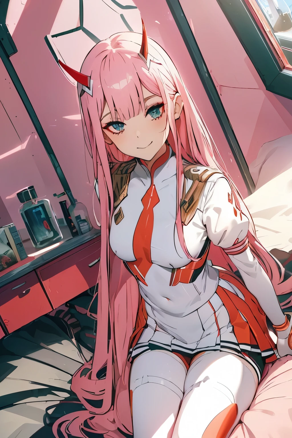beautiful illustration、top-quality、Cute s、bedroom、pink-haired、lenght hair, red color eyes、(((pink pleated skirt))、(((white sailor suit)))、shortsleeves、a navel、bare-legged、on the beds、lovely thighs、glowing thigh, 1girl, bangs, biting, blush, covered navel, eyeshadow, hair behind head, hand on hip, smile, long hair, looking at viewer, makeup, pilot suit, red eyeshadow, science fiction, skin tight, solo, ((masterpiece)),camel toe, (breast:0.6), 8k, (thick thighs:1.3), beautiful, trap, futa, zero two, small horns