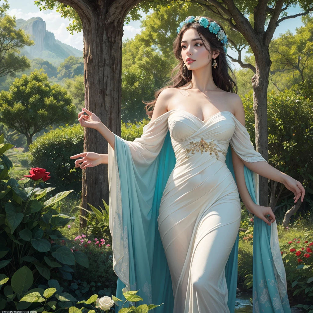 (best quality,4k,8k,highres,masterpiece:1.2),ultra-detailed,(realistic,photorealistic,photo-realistic:1.37),goddess of beauty,greek mythology,mythical figure,youthful appearance,serene expression,flowing golden hair,pearly white skin,ethereal beauty,soft and radiant lighting,delicate features,detailed eyes and face,rosy cheeks,sensual lips,graceful pose,flowing white dress,glowing aura,colorful flowers,heavenly atmosphere,artistic portrait,classic art style,vibrant colors,soft pastel tones