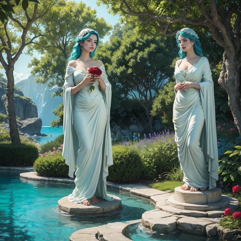 (best quality,4k,8k,highres,masterpiece:1.2),ultra-detailed,(realistic,photorealistic,photo-realistic:1.37),beautiful,graceful,Aphrodite in a blooming garden,ethereal beauty,radiant glow,soft lighting,feminine charm,serene expression,golden hair flowing in the wind,delicate facial features,rosy cheeks,vibrant blue eyes,pouty lips,flowing white dress,floating gracefully in the air,flowers surrounding her,fragrant roses,butterflies fluttering around her,gentle breeze,rays of sunlight streaming through the trees,vivid colors,impeccable details in every petal and leaf,lush greenery,majestic marble statues in the background,sparkling turquoise ocean in the distance,peaceful atmosphere,enchanted paradise,classic oil painting style