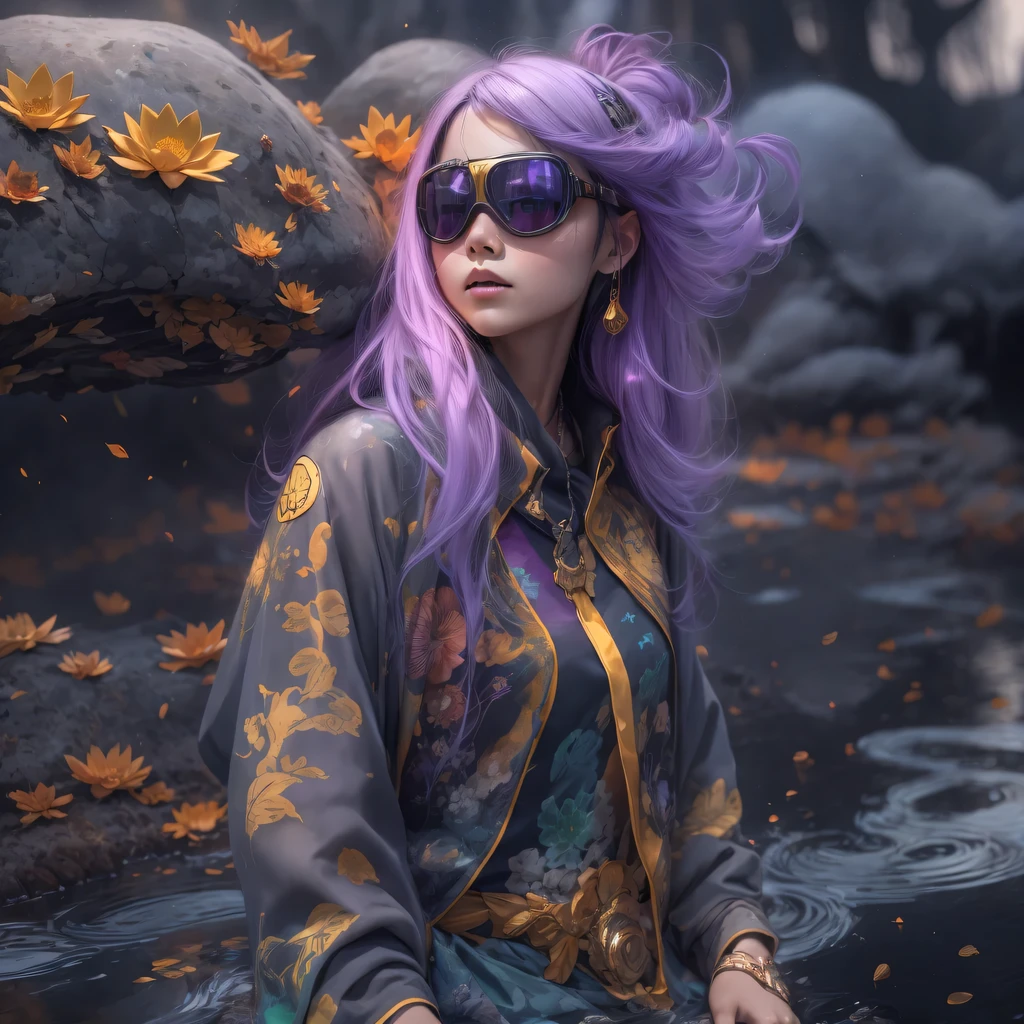 23679 Cyberpunk Year（masterpiece，HD，超HD，32k lotus root starch）Bright purple flowing hair，autumn pond， lotus root starch color， Asian （Michiko）， （silk scarf）， fighting stance， Looking at the starry sky， Orange gradient long hair， ((Thick frame reflective jade windproof goggles))Floating bright purple， Fire cloud gold headdress， Chinese long-sleeved gold silk garment， （Abstract ink splash：1.2），mars background，lotus（realistically：1.4），bright purple hair，Smoke on the road，The background is very ivory、pure， high resolution， Detailed wind protection goggles， RAW photos lotus root starch， Sharp Re， Nikon D850 film photo by Jefferies Lee 4 Kodak Portra 400 camera F1.6 guns, rich and colorful, Super real、Vivid textures, dramatic lighting, Unreal Engine Art Station Trend, Silicon Nest 800