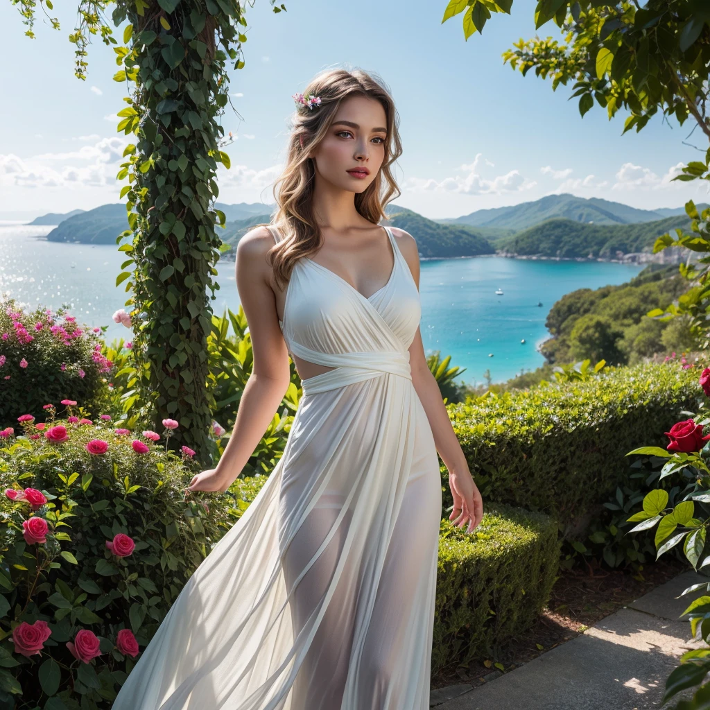 (best quality,4k,8k,highres,masterpiece:1.2),ultra-detailed,(realistic,photorealistic,photo-realistic:1.37),beautiful,graceful,Aphrodite in a blooming garden,ethereal beauty,radiant glow,soft lighting,feminine charm,serene expression,golden hair flowing in the wind,delicate facial features,rosy cheeks,vibrant blue eyes,pouty lips,flowing white dress,floating gracefully in the air,flowers surrounding her,fragrant roses,butterflies fluttering around her,gentle breeze,rays of sunlight streaming through the trees,vivid colors,impeccable details in every petal and leaf,lush greenery,majestic marble statues in the background,sparkling turquoise ocean in the distance,peaceful atmosphere,enchanted paradise,classic oil painting style
