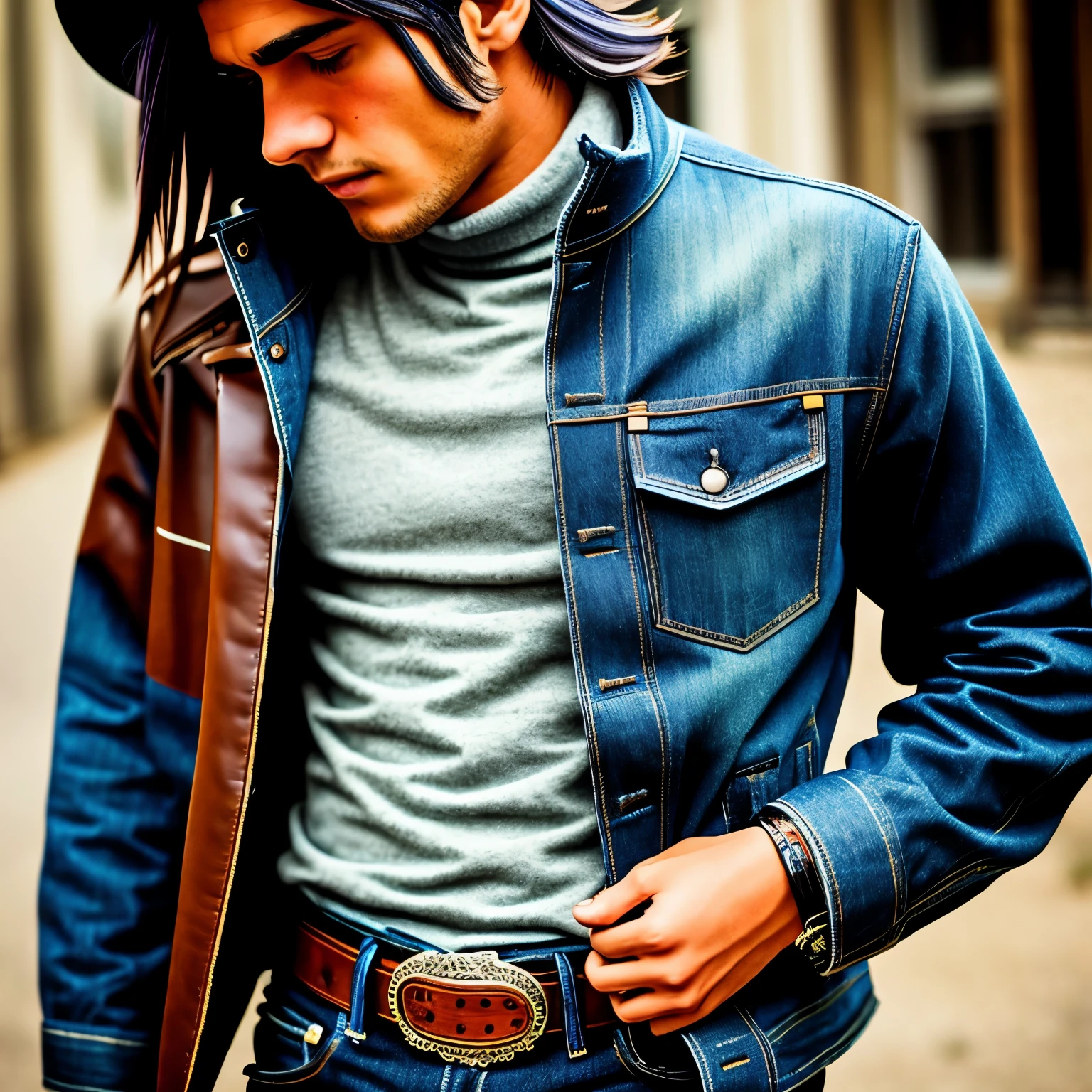 A boy with long-ish brown hair with streaks of a beautiful blue which blended in with his hair. They had some of their hair tied up in a messy pony tail. They had beautiful dark brown eyes, he was wearing a long leather jacket with several accessories and so on which included a (cowboy)hat with a few pieces of accessories as well. He also had on a black turtleneck shirt and had jeans which perfectly outlined everything, he had a black-ish belt on with chains and other accessories. He had cowboy boots on as well.