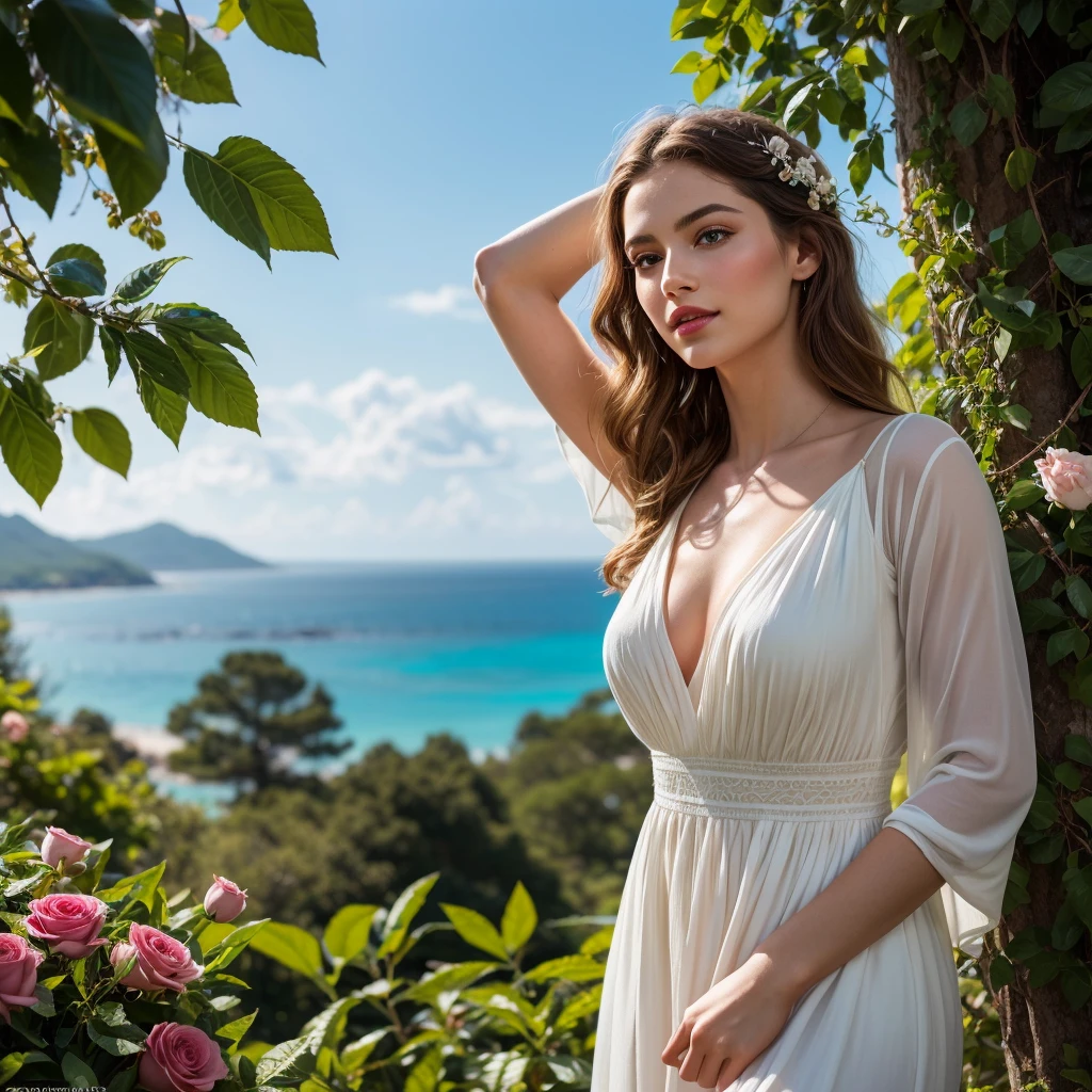 (best quality,4k,8k,highres,masterpiece:1.2),ultra-detailed,(realistic,photorealistic,photo-realistic:1.37),beautiful,graceful,Aphrodite in a blooming garden,ethereal beauty,radiant glow,soft lighting,feminine charm,serene expression,golden hair flowing in the wind,delicate facial features,rosy cheeks,vibrant blue eyes,pouty lips,flowing white dress,floating gracefully in the air,flowers surrounding her,fragrant roses,butterflies fluttering around her,gentle breeze,rays of sunlight streaming through the trees,vivid colors,impeccable details in every petal and leaf,lush greenery,majestic marble statues in the background,sparkling turquoise ocean in the distance,peaceful atmosphere,enchanted paradise,classic oil painting style