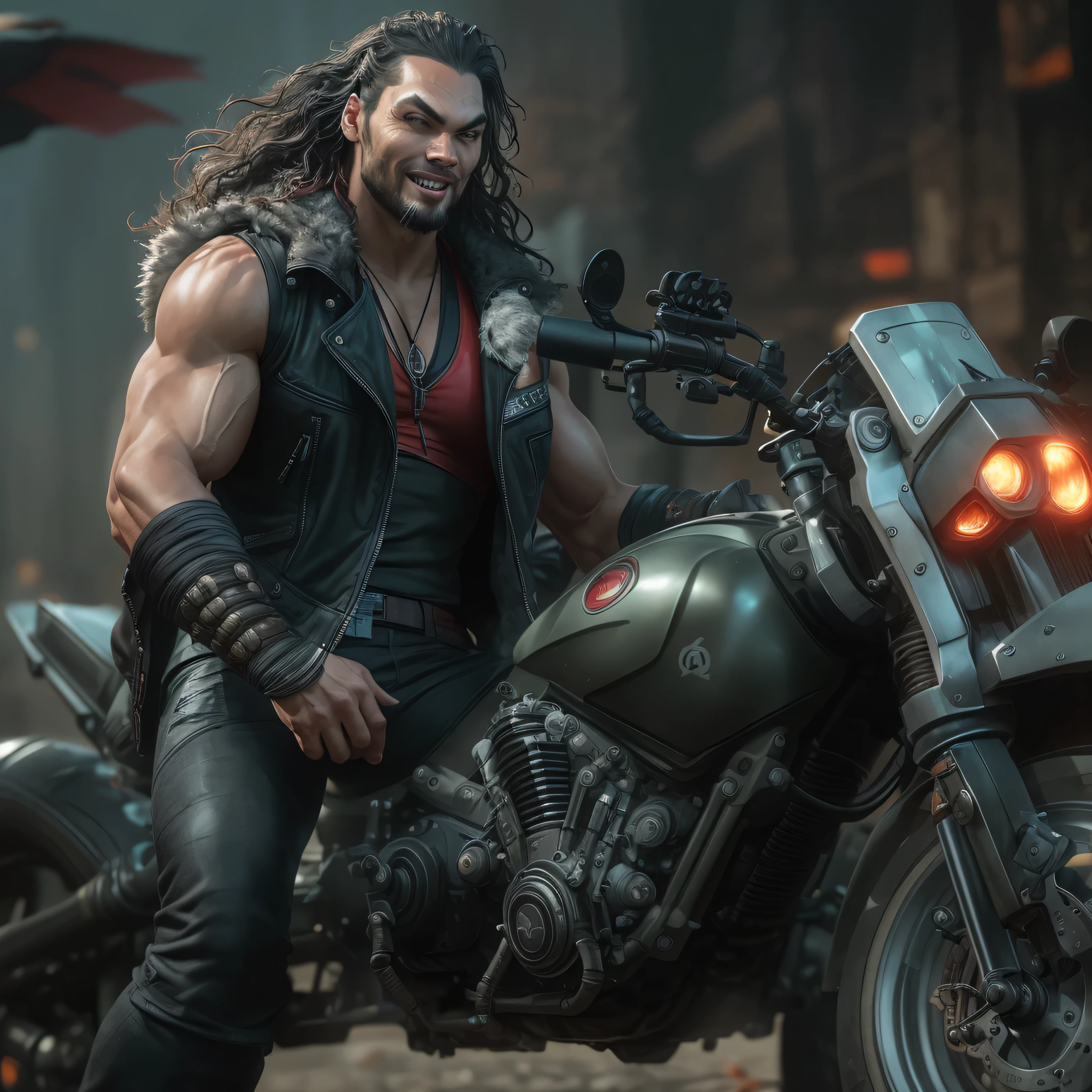 Full body image, a photo of Jason Momoa as Lobo from DC comics, Evil grin, Cigar in his mouth, muscular, ((((ghostly super pale skin)))), (((red eyes))), sleeveless black biker vest, riding star wars hoverbike, Intricate, High Detail, Sharp focus, dramatic, photorealistic digital art, photo-realistic, octane render, unreal engine, ultra-realistic