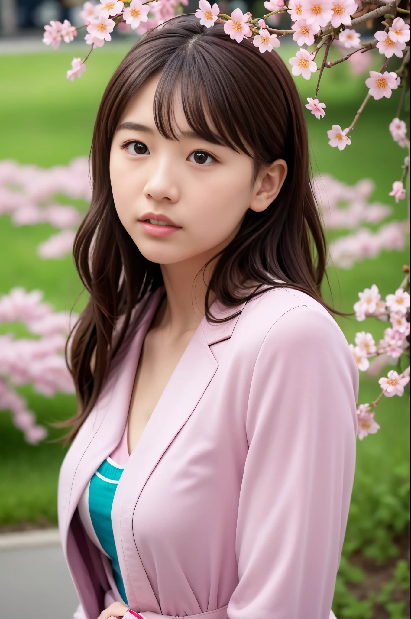  (8K, RAW photo, highest quality, masterpiece:1.3), (realistic, photo-realistic:1.4), (Highly detailed 8K wallpaper), sharp focus, Depth of written boundary,
 japanese idol,very cute, baby face,(coat:1.3),(long hair :1.3), Upper body, highly detailed face and eyes,((shiny skin:1.2)), cinematic lighting, soft light, blur background,( A city with a cherry blossom avenue, full of pink blossoms in the springtime:1.2)