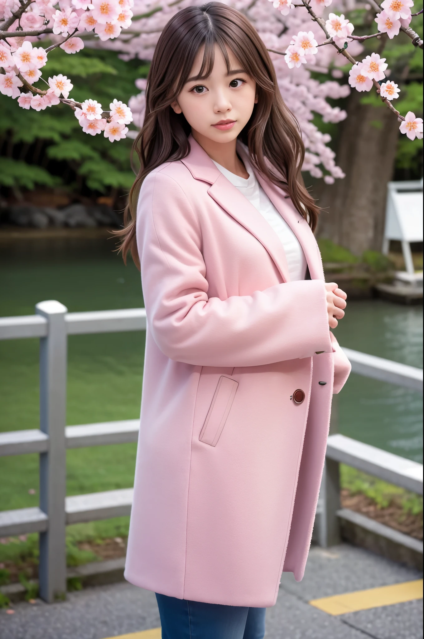 (8K, RAW photo, highest quality, masterpiece:1.3), (realistic, photo-realistic:1.4), (Highly detailed 8K wallpaper), sharp focus, Depth of written boundary,
japanese idol,very cute, baby face,(coat:1.3),(long hair :1.3), Upper body, highly detailed face and eyes,((shiny skin:1.2)), cinematic lighting, soft light, blur background,( A city with a cherry blossom avenue, full of pink blossoms in the springtime:1.2)