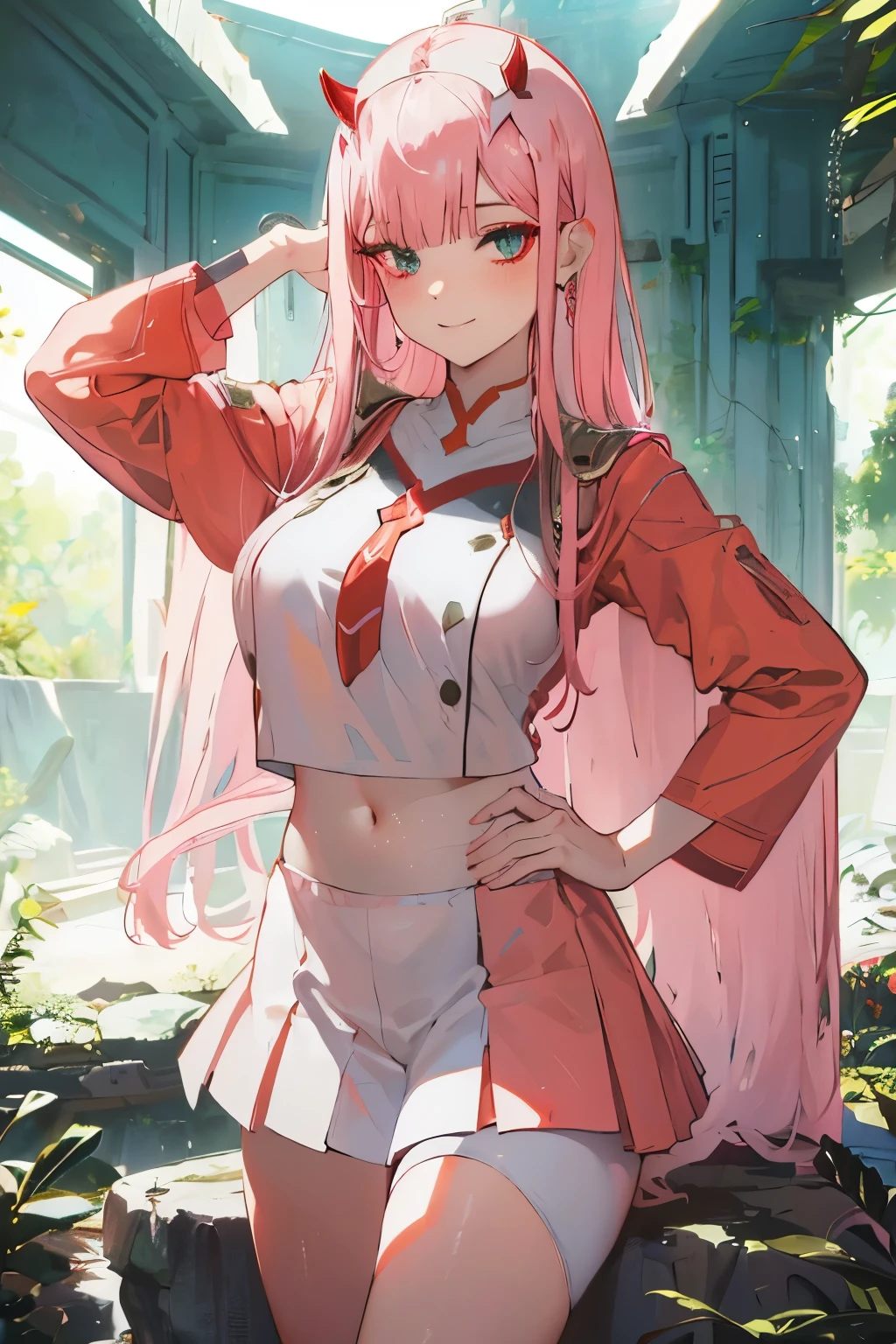 beautiful illustration、top-quality、Cute s、bedroom、pink-haired、lenght hair, red color eyes、(((pink pleated skirt))、(((white sailor suit)))、shortsleeves、a navel、bare-legged、on the beds、lovely thighs、glowing thigh, 1girl, bangs, biting, blush, covered navel, eyeshadow, hair behind head, hand on hip, smile, long hair, looking at viewer, makeup, pilot suit, red eyeshadow, science fiction, skin tight, solo, ((masterpiece)),camel toe, (breast:0.6), 8k, (thick thighs:1.3), beautiful, trap, futa, zero two, small horns