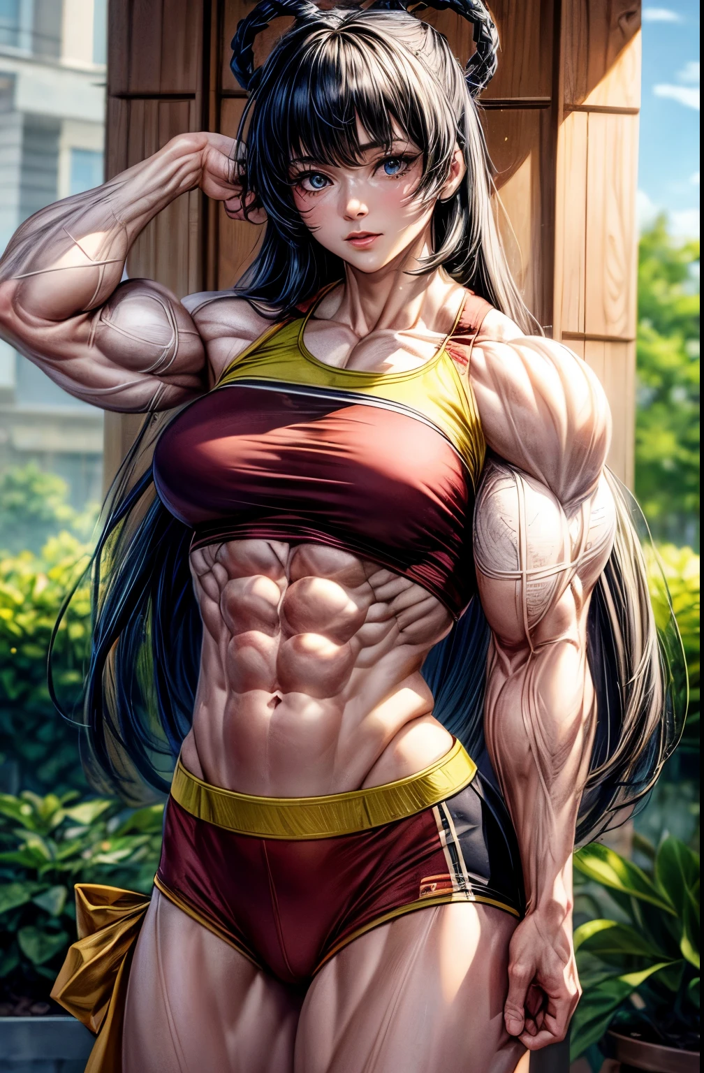 (best lighting) , (Extremely complex and detailed) , 4K unified, (Super detailed CG: 1.2) , (8k: 1.2),(The original), (masterpiece) , (best quality),(masterpiece:1.4),Anime-like high quality,(masterpiece),masterpiece, Super clear picture quality,clearer than,(delicate face)best quality, absurd,((Master of Peace, 4K, 8k, Yes, high resolution))1个girl, female student,Collet,green hair,lilac eyes,Long pale green hair,她in the garden里,Ten strong abdominal muscles,stand up,Crop topping,dense, There are raised veins on the arms,Oversized muscles,The visual sense of muscle explosion,Muscles feel like they're about to explode,The biceps are as big as several steamed buns,spring, in the garden,Lush plants,boots, Perfect body, silver long hair, dynamic poses,legs exposed,Strong leg muscles ((bodybuilder:1.5)),spring garden(beautiful bass),(girl),(miss),(((Upper body:1)))Fashionable midriff-baring outfit