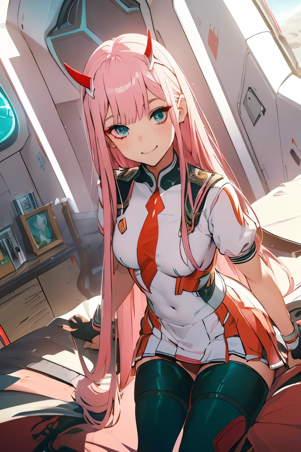 beautiful illustration、top-quality、Cute s、bedroom、pink-haired、lenght hair, red color eyes、(((pink pleated skirt))、(((white sailor suit)))、shortsleeves、a navel、bare-legged、on the beds、lovely thighs、glowing thigh, 1girl, bangs, biting, blush, covered navel, eyeshadow, hair behind head, hand on hip, smile, long hair, looking at viewer, makeup, pilot suit, red eyeshadow, science fiction, skin tight, solo, ((masterpiece)),camel toe, (breast:0.6), 8k, (thick thighs:1.3), beautiful, trap, futa, zero two, small horns