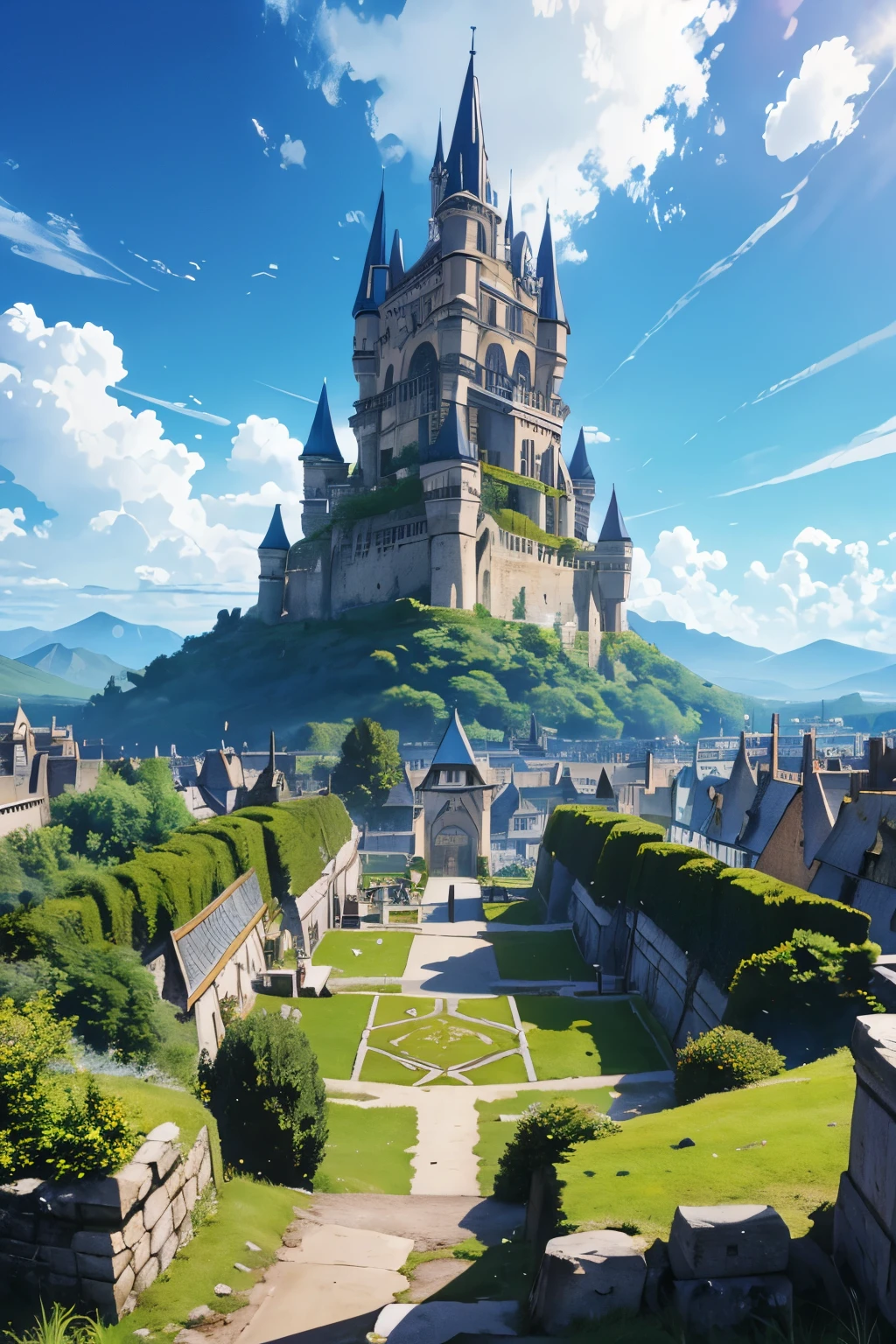 vue sur une royaume, fantasy,  ville medievale, plaine vaste, montagne, anime, genshin impact, zelda
