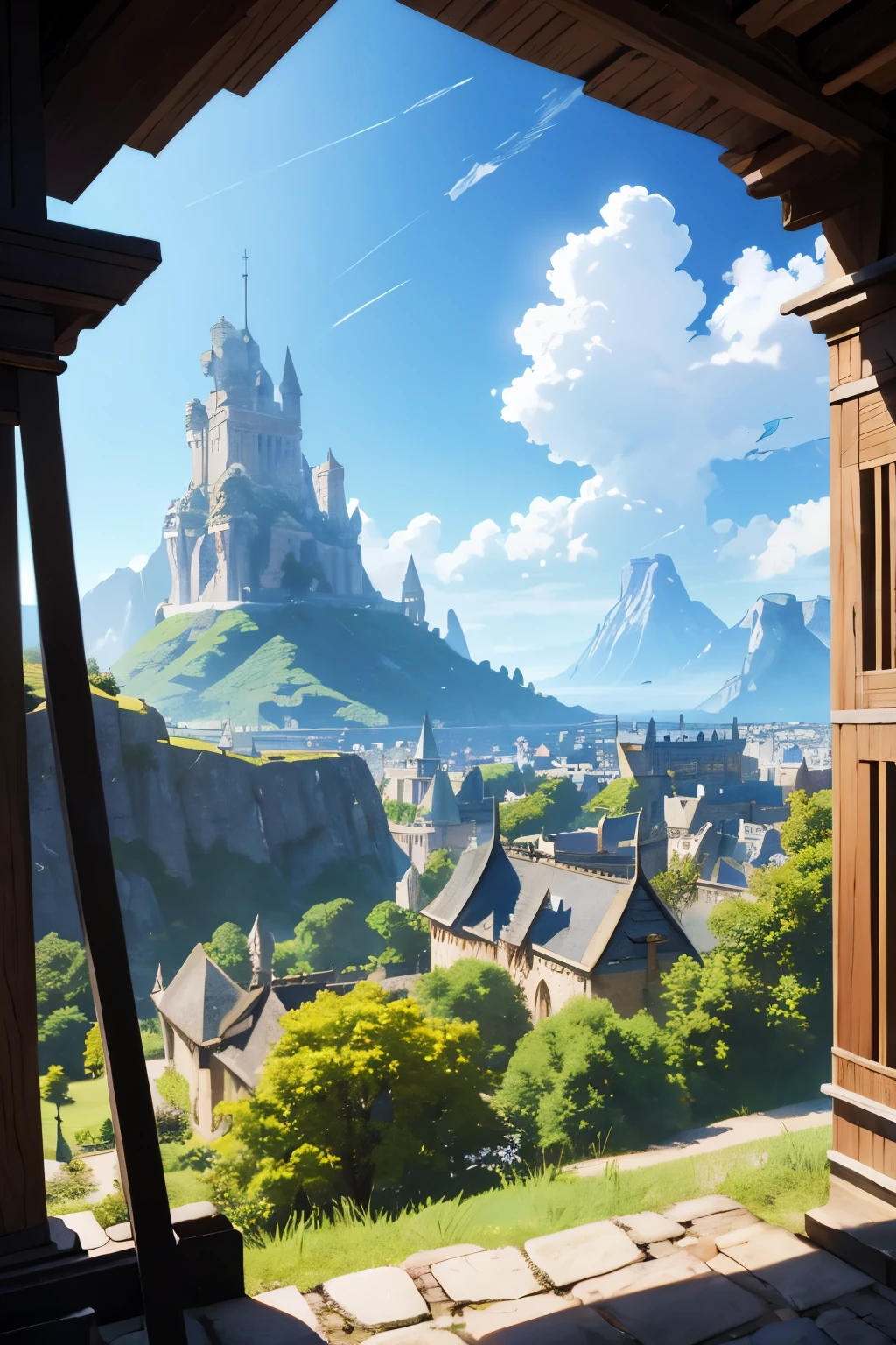 vue sur une royaume, fantasy, ville medievale, plaine vaste, montagne, anime, genshin impact, zelda
