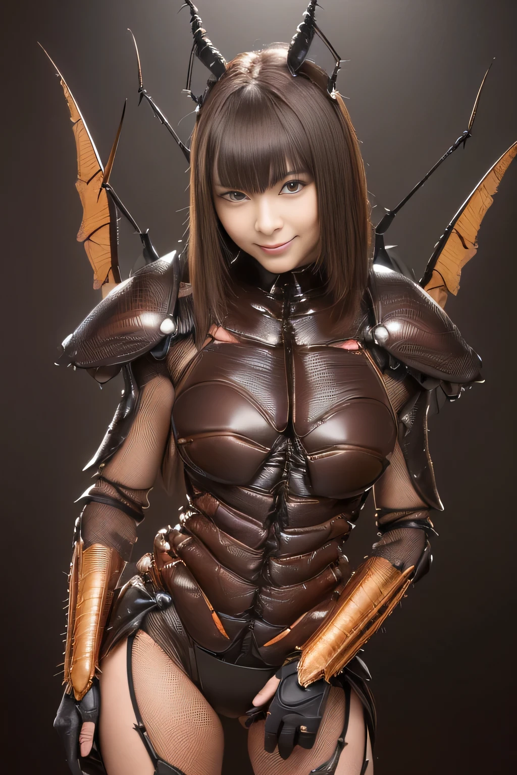 (High resolution,masterpiece,highest quality,Very detailed CG, anime, official art:1.4), realistic, photograph, amazing detail, all complicated, luster and luster,great many layers, 8k wallpaper, 3D, sketch, cute, figure,( alone:1.4), perfect female proportions,villain&#39;s daughter, (Fusion of dark brown cockroach and lady:1.4), (brown cockroach form lady:1.2), (brown cockroach woman:1.2), (Fusion:1.2), (alone:1.4), (evil smile:1.2), muscular, abs, (Cockroach brown exoskeleton bio insect suit:1.4), (Cockroach brown exoskeleton bio insect armor:1.2), (brown transparent cockroach feathers:1.4), (brown cockroach antenna:1.3),
