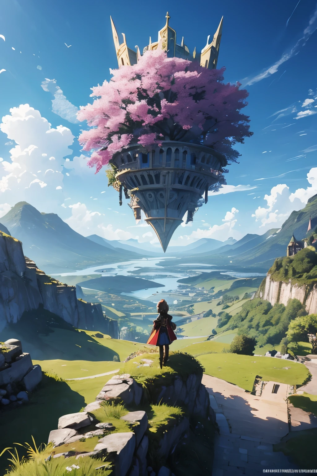 vue sur une royaume, fantasy, ville medievale, plaine vaste, montagne, anime, genshin impact