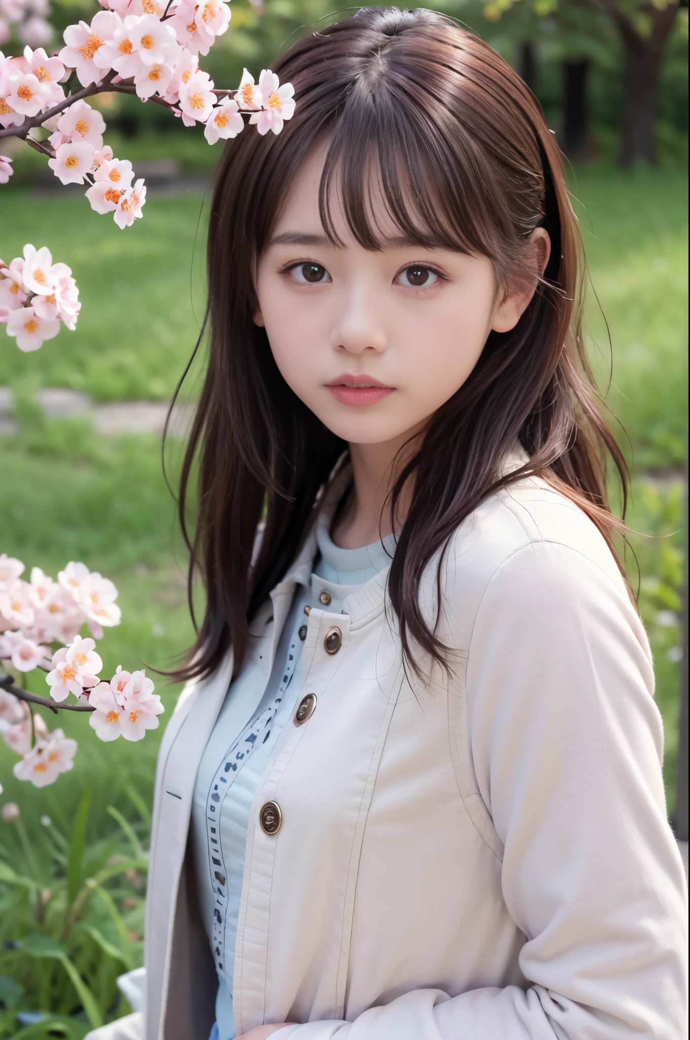  (8K, RAW photo, highest quality, masterpiece:1.3), (realistic, photo-realistic:1.4), (Highly detailed 8K wallpaper), sharp focus, Depth of written boundary,
 japanese idol,very cute, baby face,(coat:1.3),(long hair :1.3), Upper body, highly detailed face and eyes,((shiny skin:1.2)), cinematic lighting, soft light, blur background,( A town lined with cherry blossom trees, Lots of pink flowers in spring:1.2)