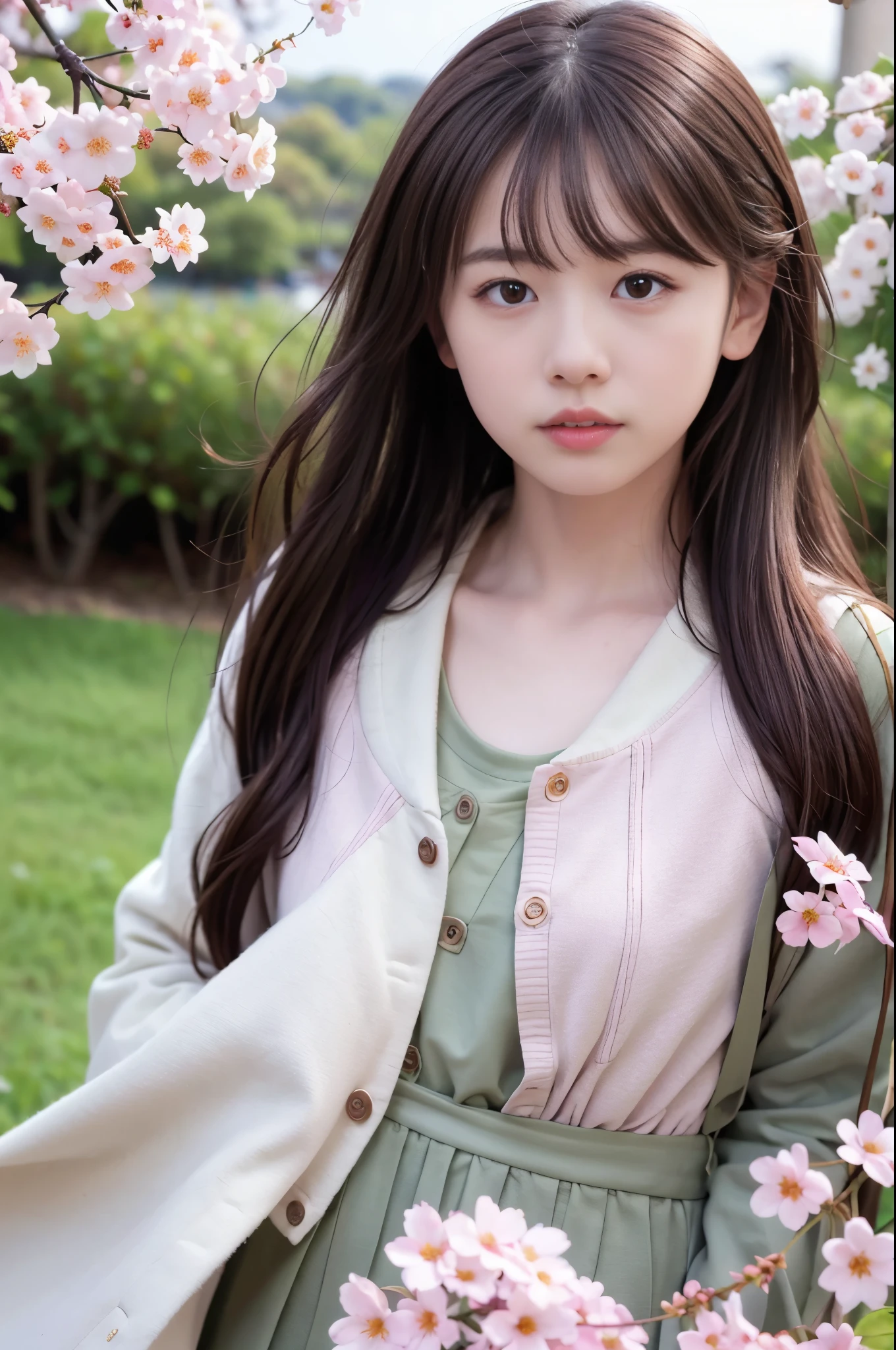 (8K, RAW photo, highest quality, masterpiece:1.3), (realistic, photo-realistic:1.4), (Highly detailed 8K wallpaper), sharp focus, Depth of written boundary,
japanese idol,very cute, baby face,(coat:1.3),(long hair :1.3), Upper body, highly detailed face and eyes,((shiny skin:1.2)), cinematic lighting, soft light, blur background,( A town lined with cherry blossom trees, Lots of pink flowers in spring:1.2)