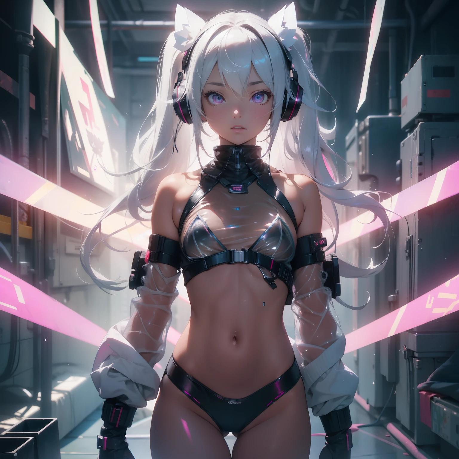 (quality)), ((masterpiece)), Recommended results、Puffy nipples、(see through:1.5)、straighten your back、abdominal muscles、huge bust、angle to floor:1.2、low camera angle、Hair loss on crotch,Hatsune Miku,((best quality)), ((masterpiece)), (detail:1.4), 3D, Beautiful cyberpunk female image,human development report(high dynamic range),Ray tracing,NVIDIA RTX,super resolution,Unreal 5,subsurface scattering、PBR texture、Post-processing、Anisotropic filtering、depth of field、Maximum clarity and sharpness、multi-layer texture、Albedo and specular maps、surface coloring、Accurately simulate the interaction of light with materials、perfect proportions、Render by Octane、dichroic light、Large aperture、Low ISO、white balance、rule of thirds、8K raw data、Style for girls,white hair,Long ponytail hairstyle,Put on bunny ear-shaped headphones,Wearing a white suit,There are long pink light strips on the clothes,((pink eyes))