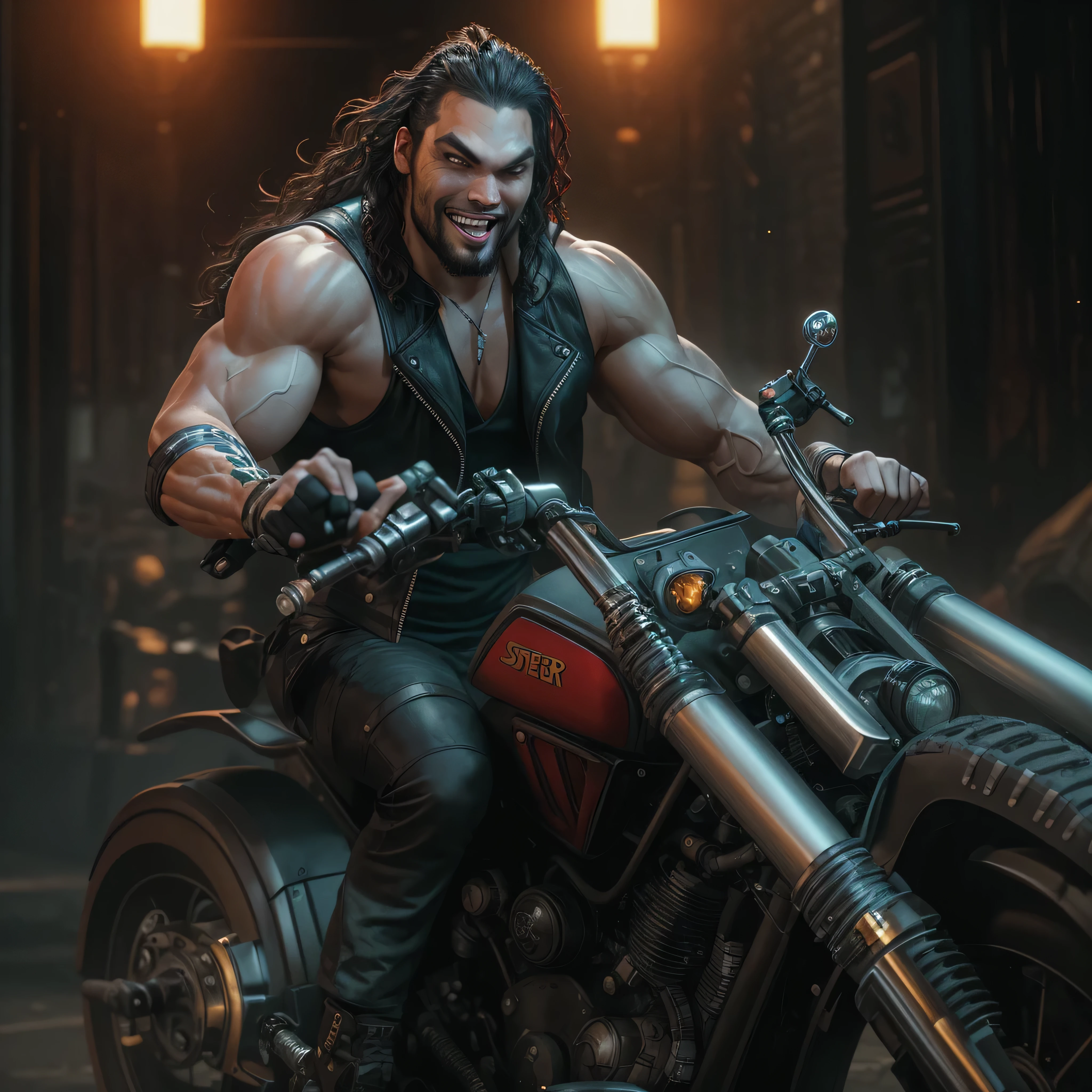 Full body image, a photo of Jason Momoa as Lobo from DC comics, Evil grin, Cigar in his mouth, muscular, ((((ghostly super pale skin)))), (((red eyes))), sleeveless black biker vest, riding star wars hoverbike, Intricate, High Detail, Sharp focus, dramatic, photorealistic digital art, photo-realistic, octane render, unreal engine, ultra-realistic