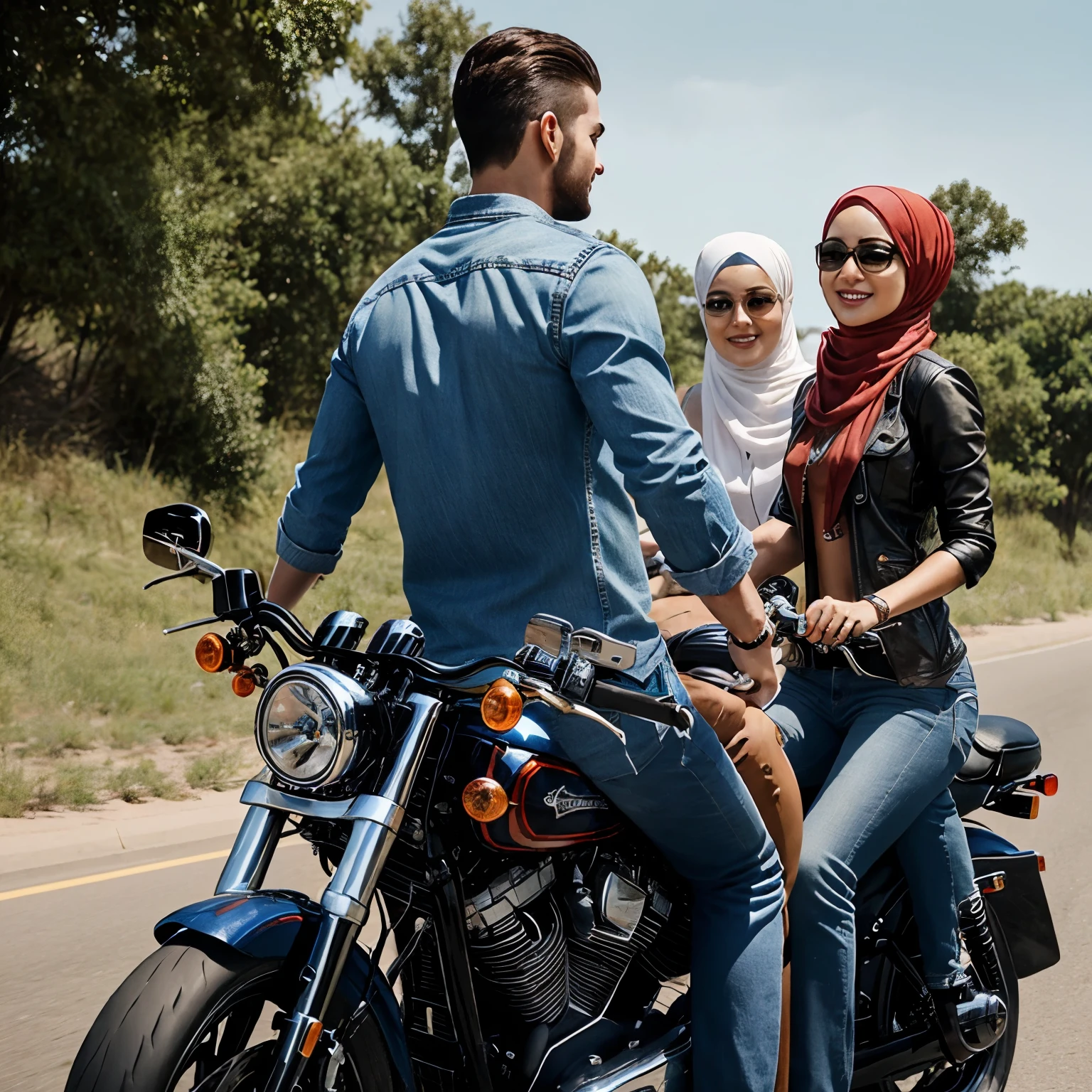 A super-realistic caricature of a handsome young man and a pretty woman riding a harley, a young man wearing a blue boxy shirt with jeans, and a young woman wearing a hijab. Focus on the image taken from the front, with the rear screen on the coast