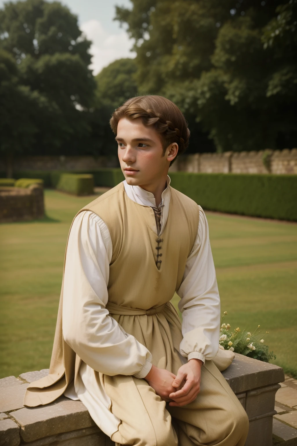 England, 1327. ((((19-year-old)) William)), in the gardens. ((((clothings from the 1300s)))), ((hairstyle of the 1300s))