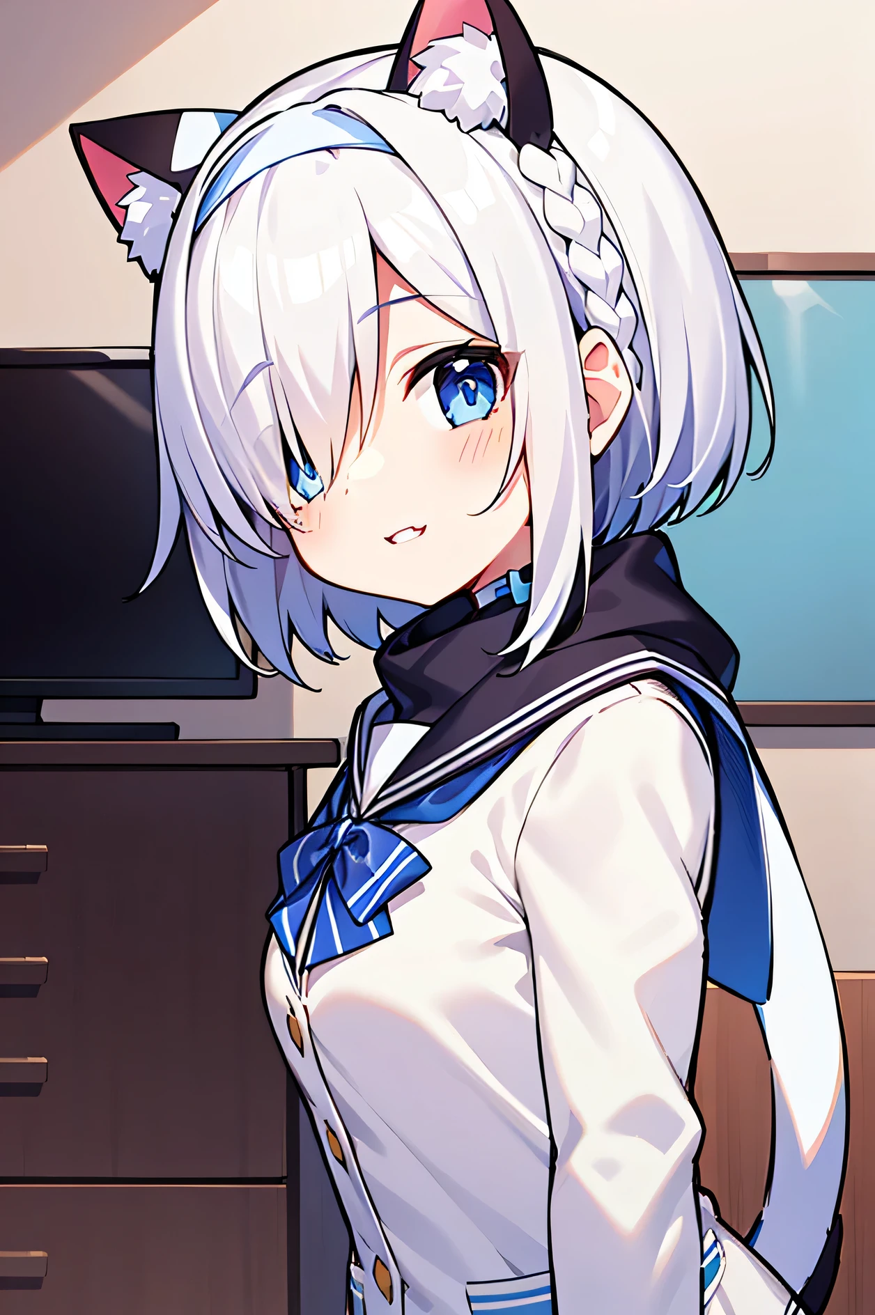 masterpiece, Highest, 1 girl, gray hair, Midi Hair, Cat ear, looking at the viewer, :3, cuties, scarf,, blazer, white background,teeth, high quality, UHD Arona,hair above one eye,Hair above the right eye,gray hairのヘアバンド,bow hair band,aura,short hair,basic blade,school uniform,blue shirt,white sailor collar,long sleeve,white bow ties,white choker, break the perspective,happy light blue eyes, parted lips, Joyful, (tie hair:1.3), tilted his head, indoor, living room, From the side