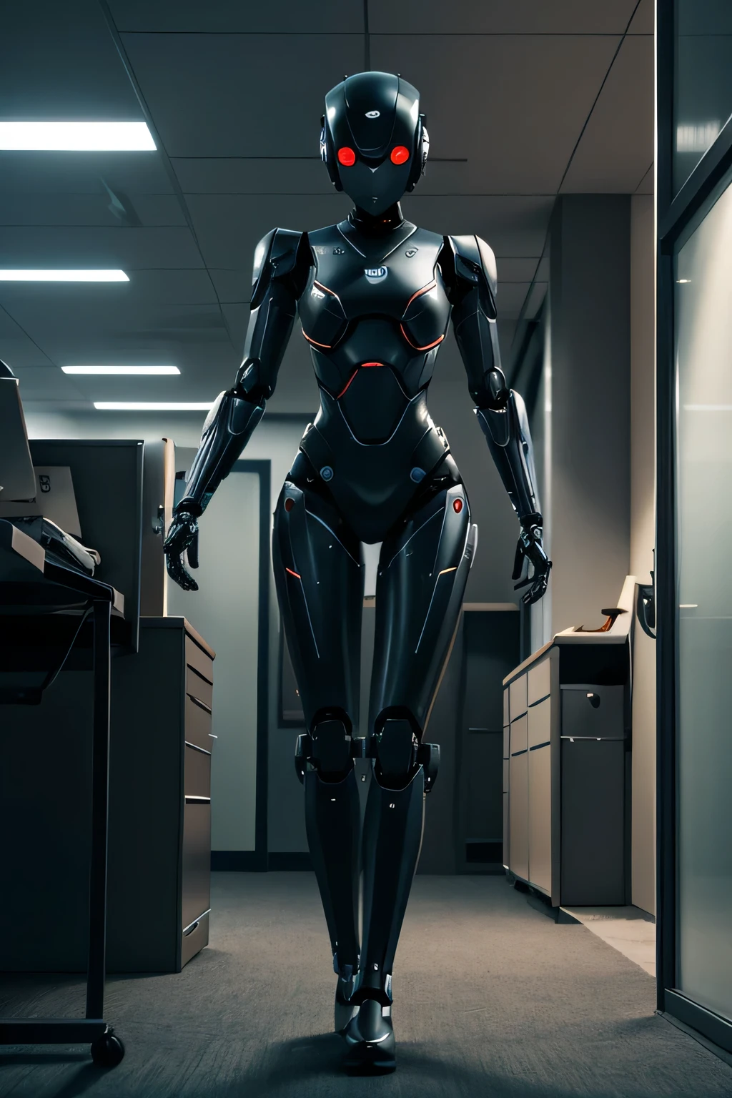 late night、A female spy robot sneaks into an empty office.. Machine body mechanical limbs looking for target inside the office