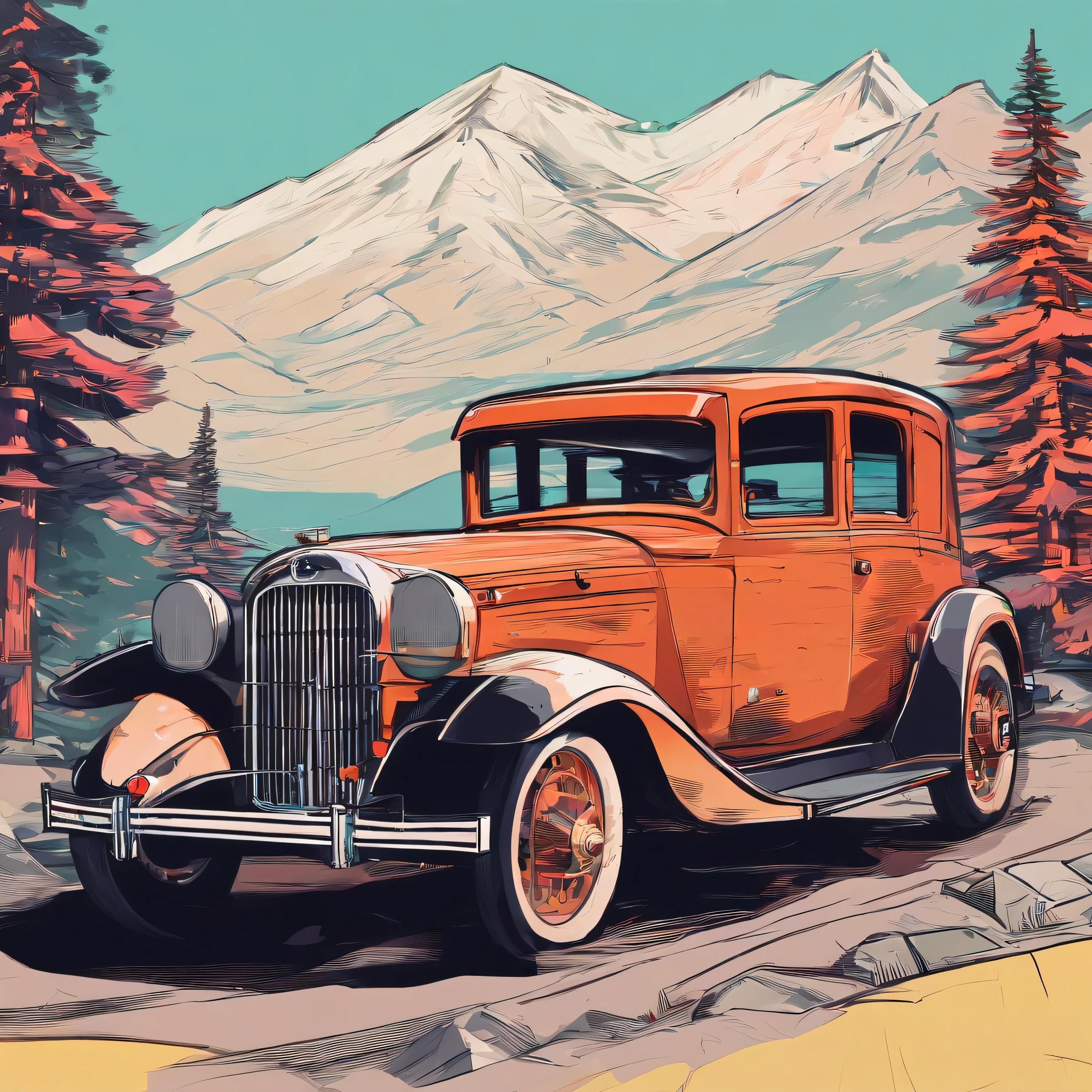 An old ford from the 1930s, Himalayan mountains, centralized 2D vector logo for T-shirt printing, vivid colors of neon splashes, mood of tranquility, happiness, ambient lighting, 8K, 16K, HD, octane rendering, super detailed, super realistic, intricate details, focus on art