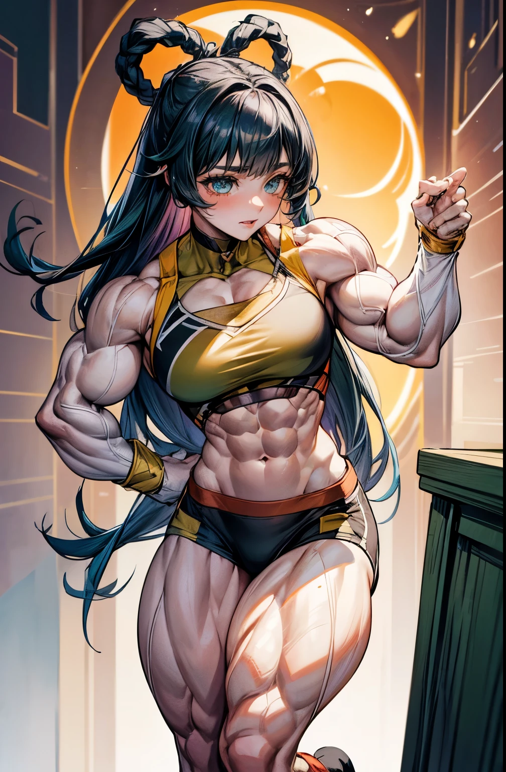 (best lighting) , (Extremely complex and detailed) , 4K unified, (Super detailed CG: 1.2) , (8k: 1.2),(The original), (masterpiece) , (best quality),(masterpiece:1.4),Anime-like high quality,(masterpiece),masterpiece, Super clear picture quality,clearer than,(delicate face)best quality, absurd,((Master of Peace, 4K, 8k, Yes, high resolution))1个girl, female student,Collet,green hair,lilac eyes,Long blue and black hair,她in the garden里,Ten strong abdominal muscles,stand up,Crop topping,dense, There are raised veins on the arms,Oversized muscles,The visual sense of muscle explosion,Muscles feel like they're about to explode,The biceps are as big as several steamed buns,spring, in the garden,Lush plants,boots, Perfect body, silver long hair, dynamic poses,legs exposed,Strong leg muscles ((bodybuilder:1.5)),spring garden(beautiful bass),(girl),(miss),(((Upper body:1)))Fashionable midriff-baring outfit