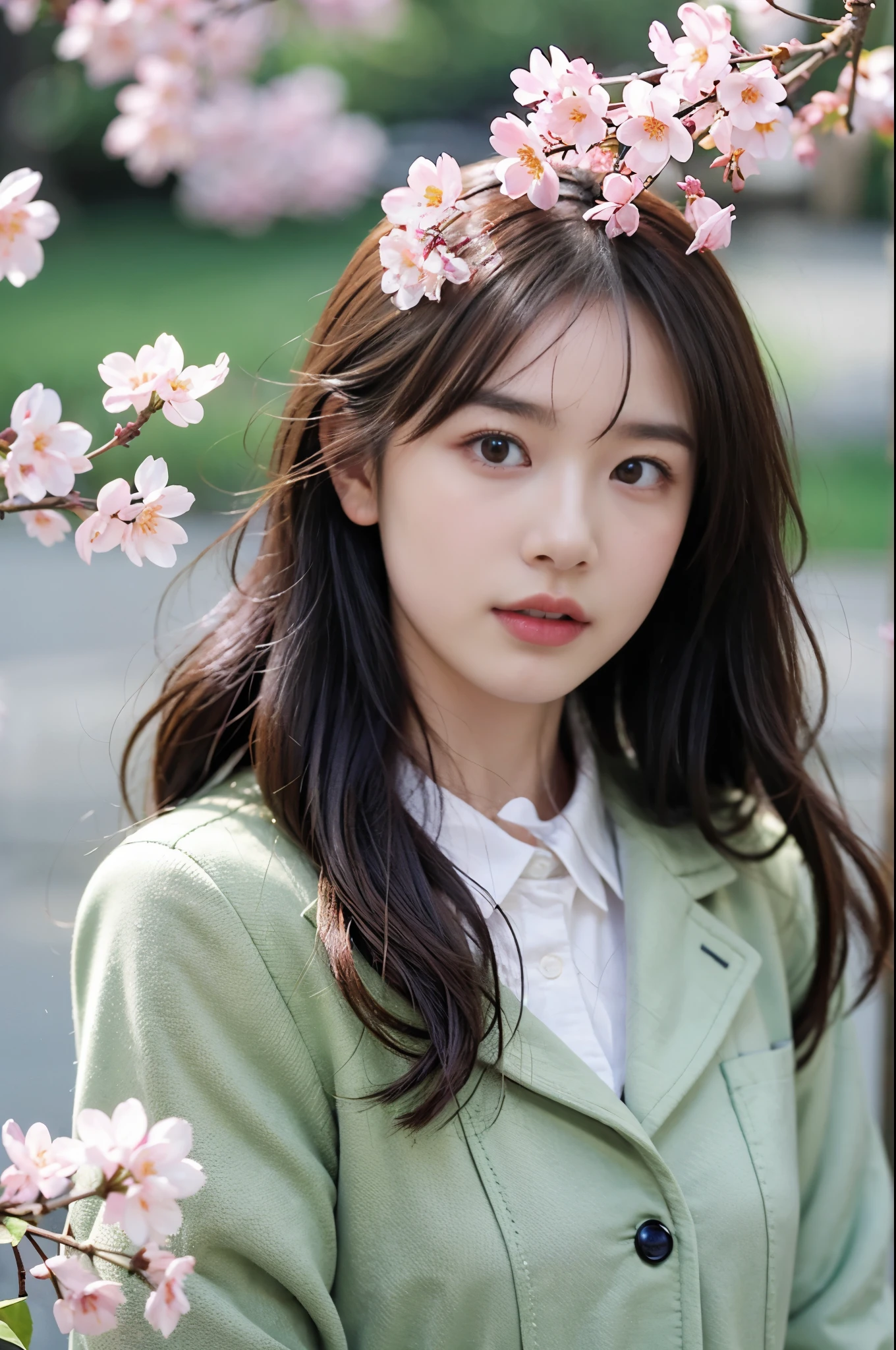  (8K, RAW photo, highest quality, masterpiece:1.3), (realistic, photo-realistic:1.4), (Highly detailed 8K wallpaper), sharp focus, Depth of written boundary,
 japanese idol,very cute, baby face,(coat:1.3),(long hair :1.3), Upper body, highly detailed face and eyes,((shiny skin:1.2)), cinematic lighting, soft light, blur background,( A town lined with cherry blossom trees, Lots of pink flowers in spring:1.2)