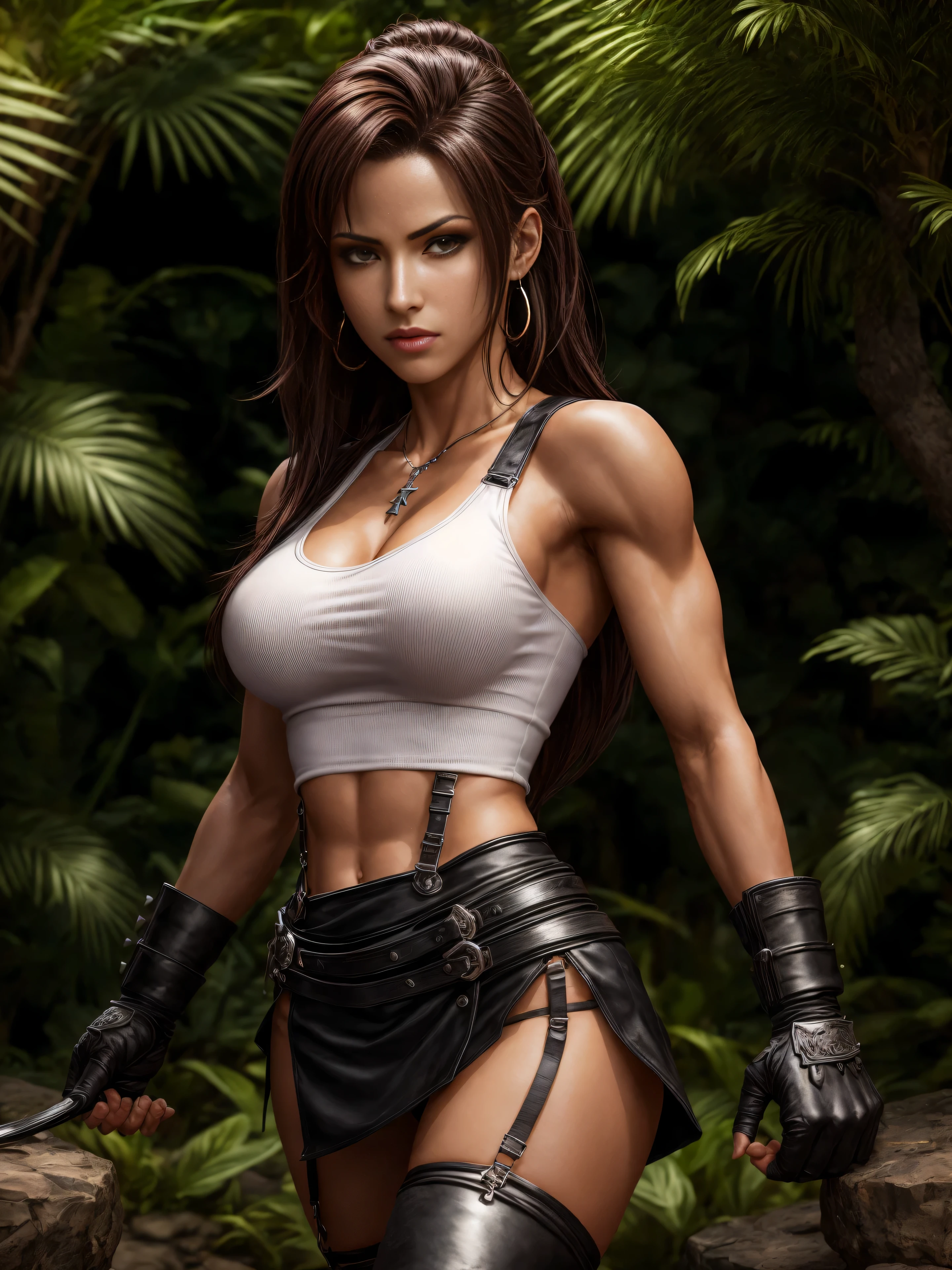 Tifa lockhart, Final fantasy (best quality,4k,8k,highres,masterpiece:1.2),ultra-detailed,(realistic,photorealistic,photo-realistic:1.37),illustration,fantasy,beautiful detailed eyes,beautiful detailed lips,extremely detailed eyes and face,long eyelashes,Tifa's stunning beauty,confident stance,flowing black hair,fierce and determined expression,captivating smile,impressive muscles and toned physique,fighting pose,unique punk-inspired attire,white tank top and leather suspenders,short black skirt and gloves,thigh-high boots with metal buckles,Tifa's signature oversized metal gauntlets,garden background with vibrant flowers and plants,sunlight filtering through the trees,soft and warm color palette,stunning lighting effects,highlighting Tifa's features,dynamic and energetic atmosphere,vivid colors and rich textures,attention to small details like Tifa's intricate jewelry and accessories,close-up shots showcasing Tifa's intense gaze and focused determination,emphasis on the amazing Level of detail in Tifa's face and clothing,realistic shadows and highlights,creating depth and dimension,combining both a realistic and artistic style,enriched with fantasy elements and magic effects,showcasing Tifa's combat skills and powerful punches,dynamic movement and action,creating a sense of excitement and adventure.