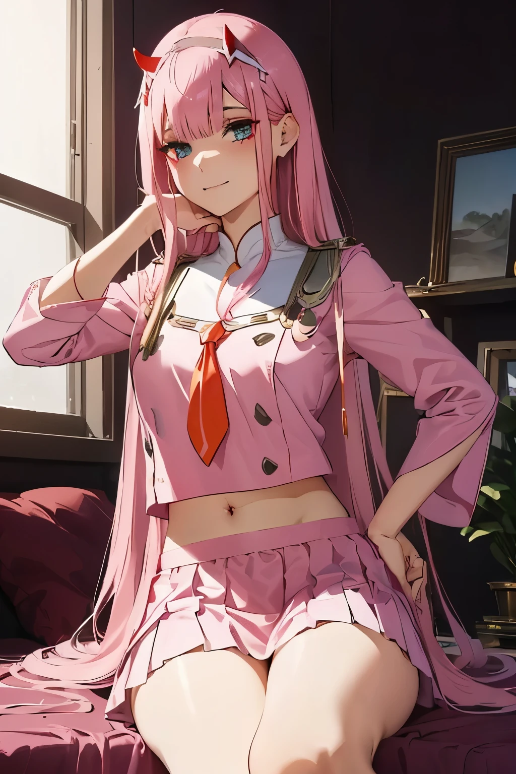 beautiful illustration、top-quality、Cute s、bedroom、pink-haired、lenght hair, red color eyes、(((pink pleated skirt))、(((white sailor suit)))、shortsleeves、a navel、bare-legged、on the beds、lovely thighs、glowing thigh, 1girl, bangs, biting, blush, covered navel, eyeshadow, hair behind head, hand on hip, smile, long hair, looking at viewer, makeup, pilot suit, red eyeshadow, science fiction, skin tight, solo, ((masterpiece)),camel toe, (breast:0.6), 8k, (thick thighs:1.3), beautiful, trap, futa, zero two, small horns
