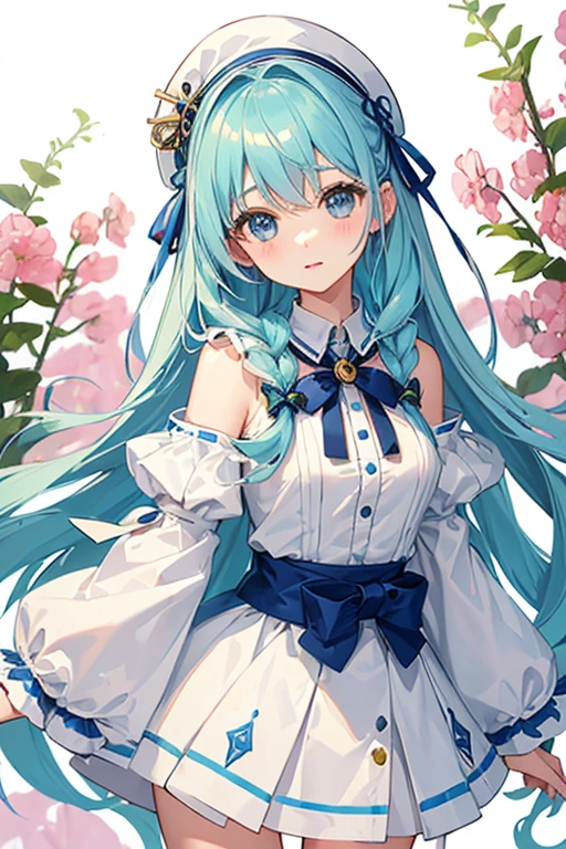 ((highest quality)), ((masterpiece)), (be familiar with), perfect face, one girl、15 years old、big breasts、small face、long hair、silky hair、Braid in one place、Pastel blue colored hair、off shoulder clothes、white colored clothes、short sleeve、ギンガムチェックのmini skirt、mini skirt、whole body、