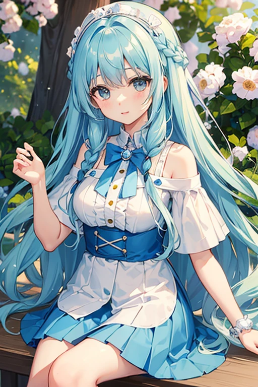 ((highest quality)), ((masterpiece)), (be familiar with), perfect face, one girl、15 years old、big breasts、small face、long hair、silky hair、Braid in one place、Pastel blue colored hair、off shoulder clothes、white colored clothes、short sleeve、ギンガムチェックのmini skirt、mini skirt、whole body、