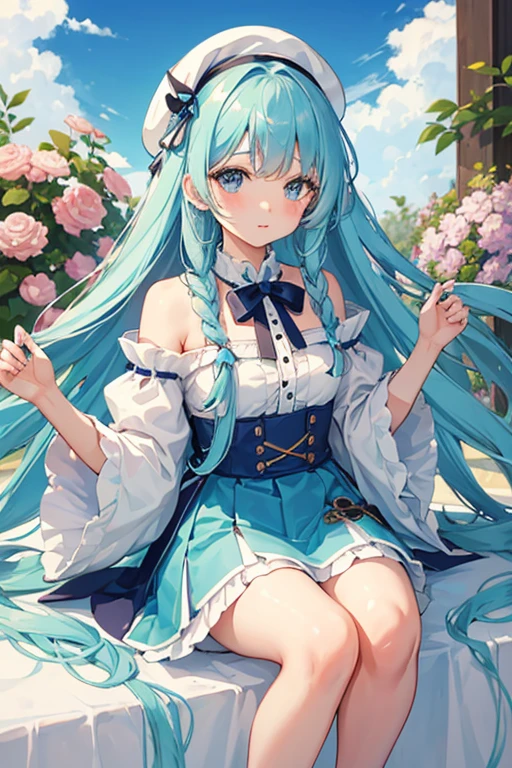 ((highest quality)), ((masterpiece)), (be familiar with), perfect face, one girl、15 years old、big breasts、small face、long hair、silky hair、Braid in one place、Pastel blue colored hair、off shoulder clothes、white colored clothes、short sleeve、ギンガムチェックのmini skirt、mini skirt、whole body、