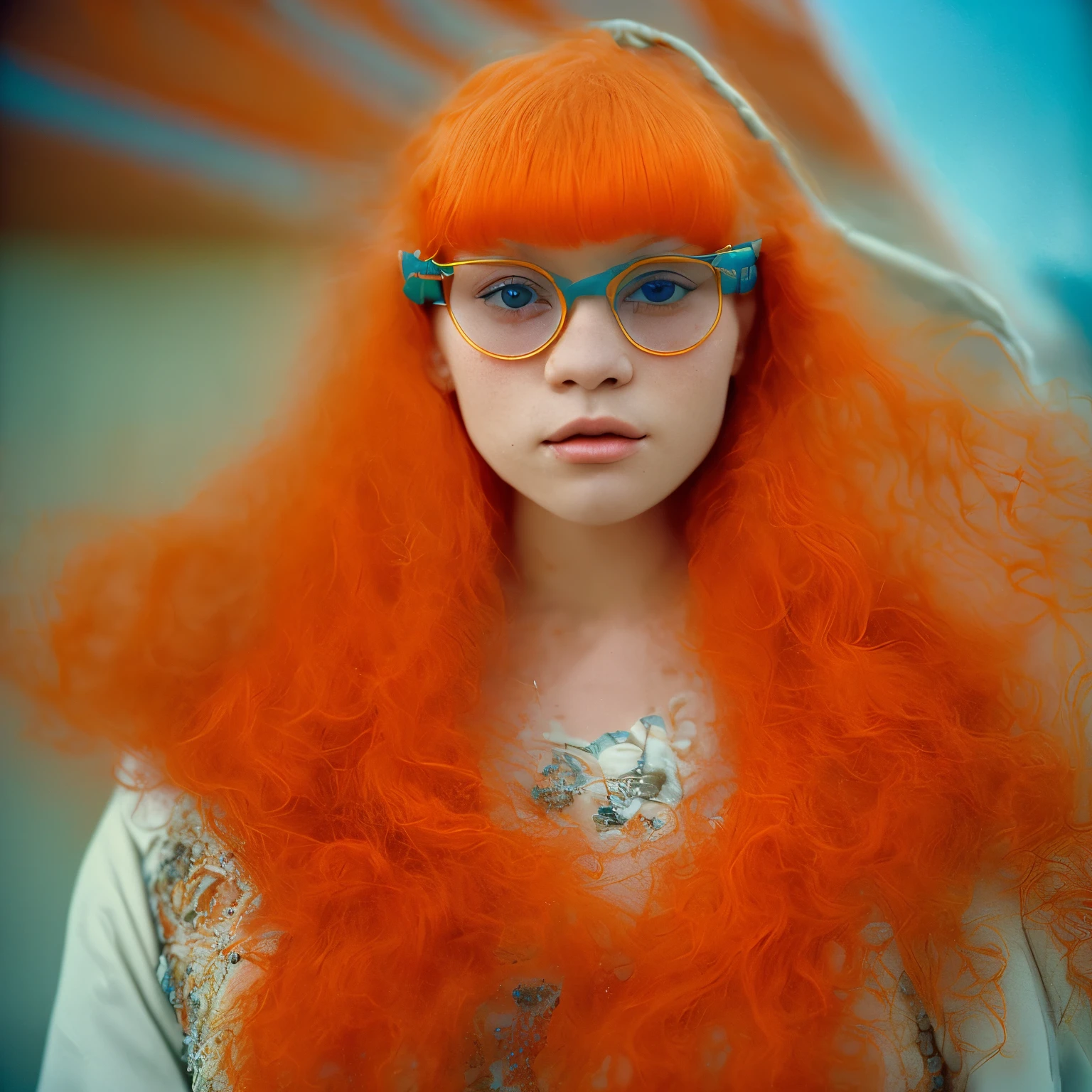 ((mdj style)), one beautiful girl in an insanely detailed dress in mdj style, ((beautiful detailed orange hair)), anamorphic lenses distorting the background, summer of 1987, moody dystopian and thought-provoking, (cinematic), expression suggesting a sense of unease, "Life is not what it used to be", best quality, fine details, intricate, extremely detailed, sharp focus, 4 K