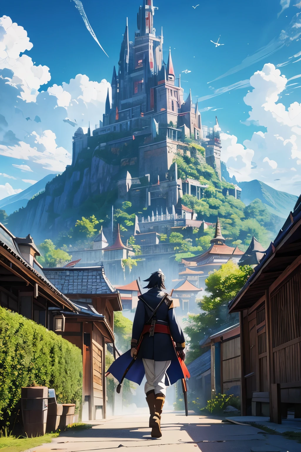 fantasy world, colorful, anime, montagne, plaine, dragon, samourai, genshin impact