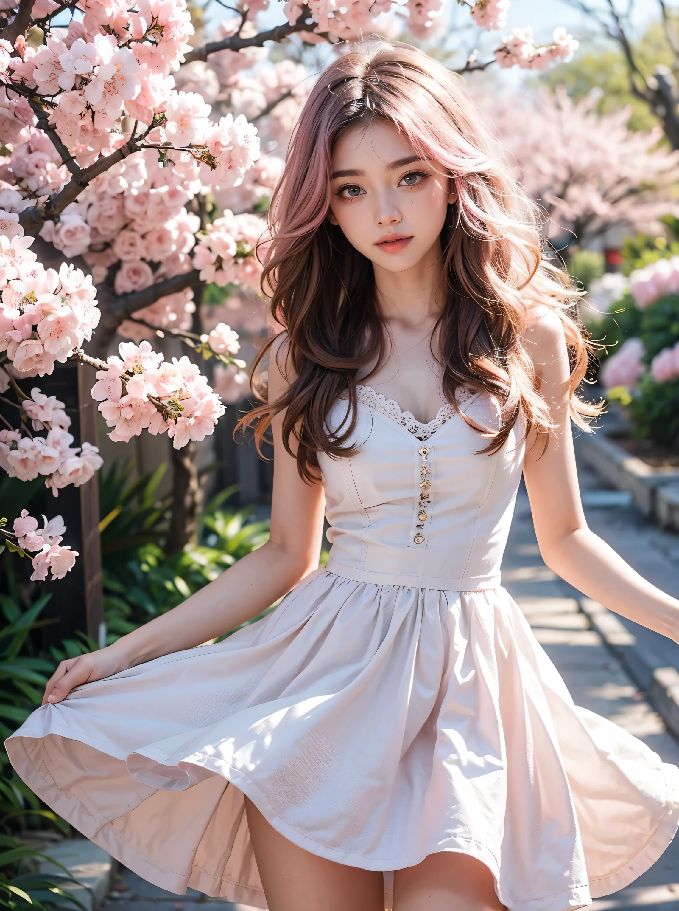 light pink hair, pink eyes, pink and white, cherry blossom leaves, bright colors, White dress, Splashes of paint, simple background, ray tracing, Wavy hair