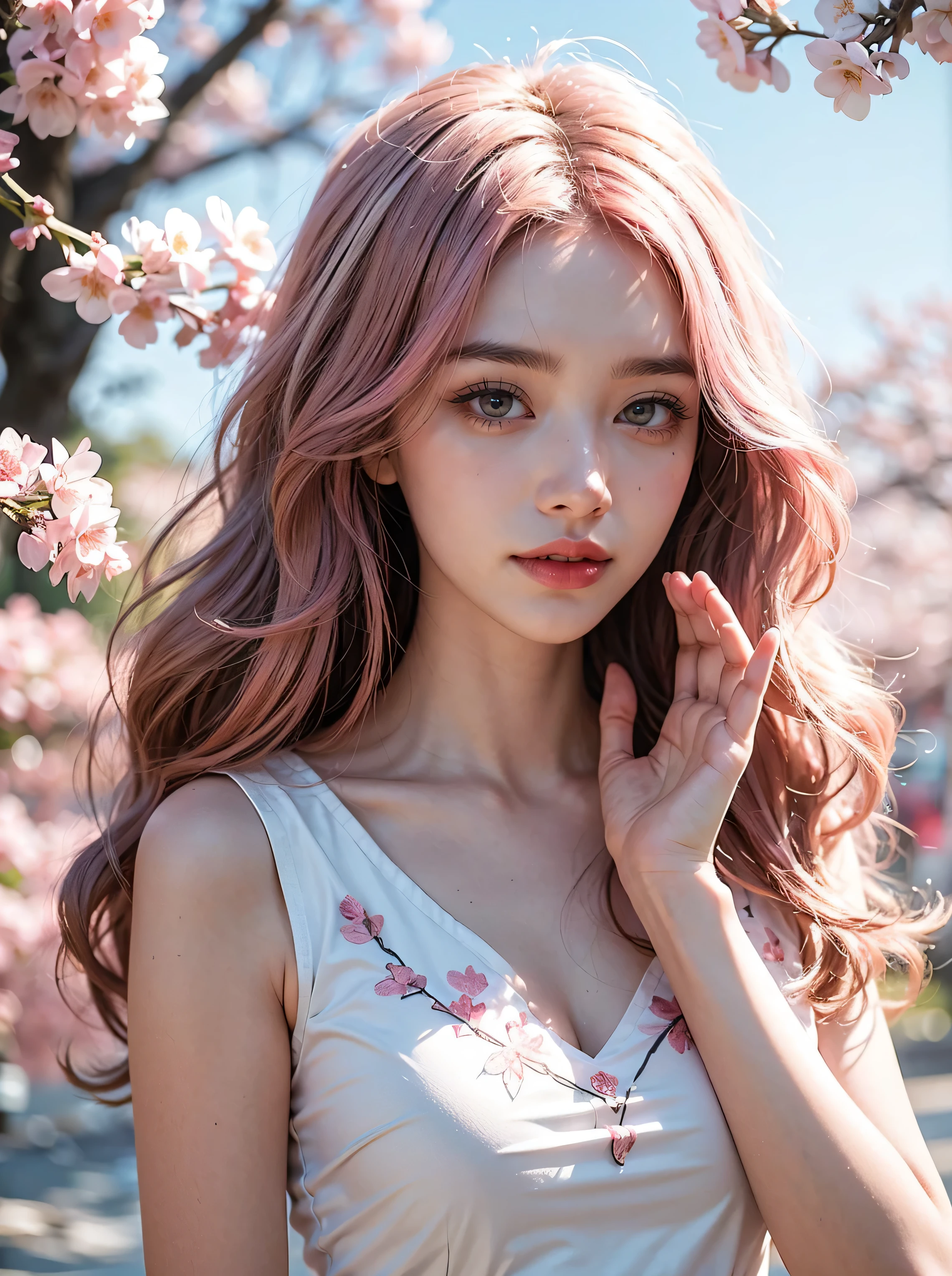 light pink hair, pink eyes, pink and white, cherry blossom leaves, bright colors, White dress, Splashes of paint, simple background, ray tracing, Wavy hair