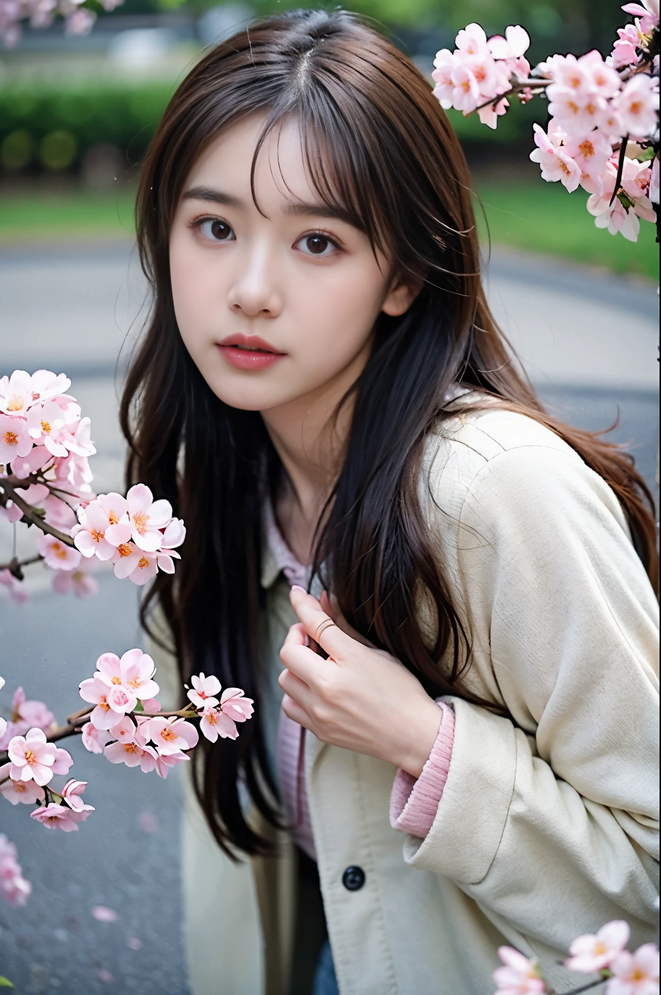  (8K, RAW photo, highest quality, masterpiece:1.3), (realistic, photo-realistic:1.4), (Highly detailed 8K wallpaper), sharp focus, Depth of written boundary,
 japanese idol,very cute, baby face,(coat:1.3),(long hair :1.3), Upper body, highly detailed face and eyes,((shiny skin:1.2)), cinematic lighting, soft light, blur background,( A town lined with cherry blossom trees, Lots of pink flowers in spring:1.2)
