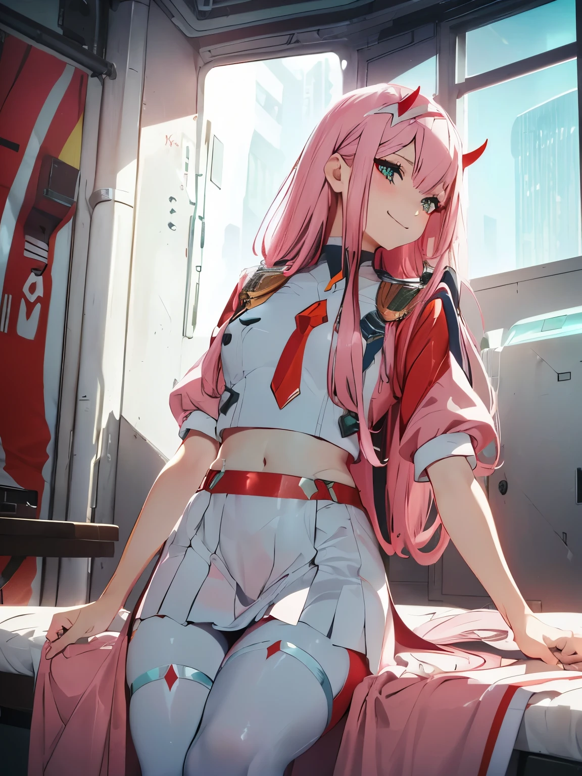 beautiful illustration、top-quality、Cute  s、bedroom、pink-haired、lenght hair, red color eyes、(((pink pleated skirt))、(((white sailor suit)))、shortsleeves、a navel、bare-legged、on the beds、lovely thighs、glowing thigh, 1girl, bangs, biting, blush, covered navel, eyeshadow, hair behind head, hand on hip, smile, long hair, looking at viewer, makeup, pilot suit, red eyeshadow, science fiction, skin tight, solo, ((masterpiece)),camel toe, (breast:0.6), 8k, (thick thighs:1.3), beautiful, trap, futa, zero two, small horns
