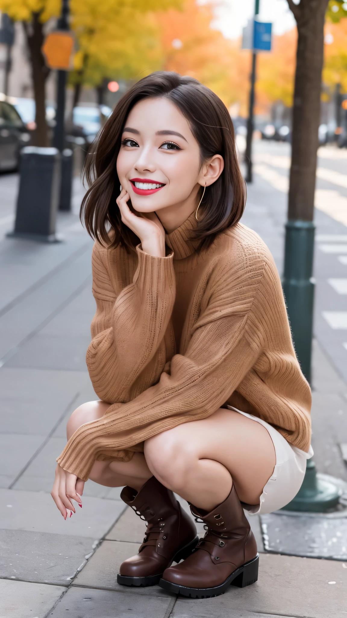 Photo taken by a professional photographer,laughter:1.5,Close-up of a woman squatting on the sidewalk, wearing a sweater, Short-cut brown hair, hair is disheveled,young and cute girl, Wearing a super super super super super super super mini skirt:1.5,Wear stylish boots,sit on a park bench:1.5,Fancy makeup with red eyeshadow,Beautiful thighs are visible,