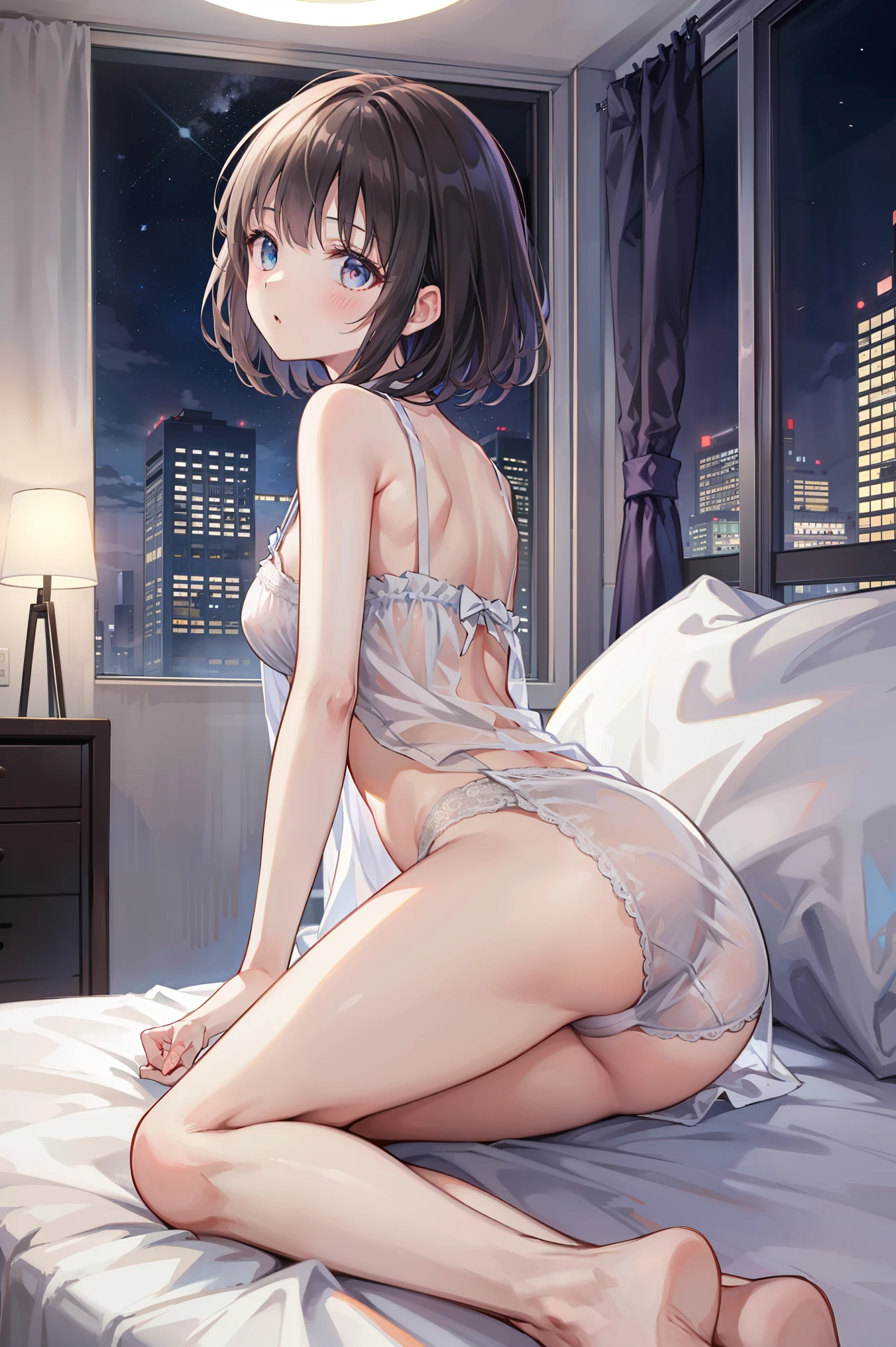 In 8K、highest quality、masterpiece、super detailed、ultra high resolution、anime style、(1 woman)、night、dim room、on the futon、lie on your back、open shirt、wide open chest、bare shoulders、embarrassing、Depth of bounds written, delicate eyes, full hand, no extra limbs，small breasts，Underwear visible，distinct nose bridge，natural posture、A room in a high-rise apartment，night景が綺麗，shortcut，beautiful profile，distinct mouth shape，legs wide open