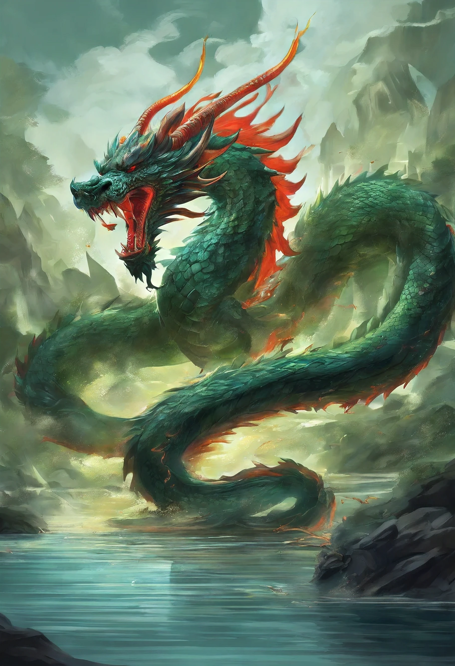 legend, Dragon Slayer, boy and 12 year oldy both have swords., Dressed in black, A green dragon in a pond. red belly green dragon. blue chinese fantasy dragon big green dragon!!! Detailed 4K digital art. Detailed fantasy digital art. The water monster meandered and spewed flames from its mouth. Gray smoke spread out.. Dragon dancing on the surface of the water The water spreads out in waves., Splashing everywhere without direction. Highly detailed fantasy art Highly detailed digital paintings