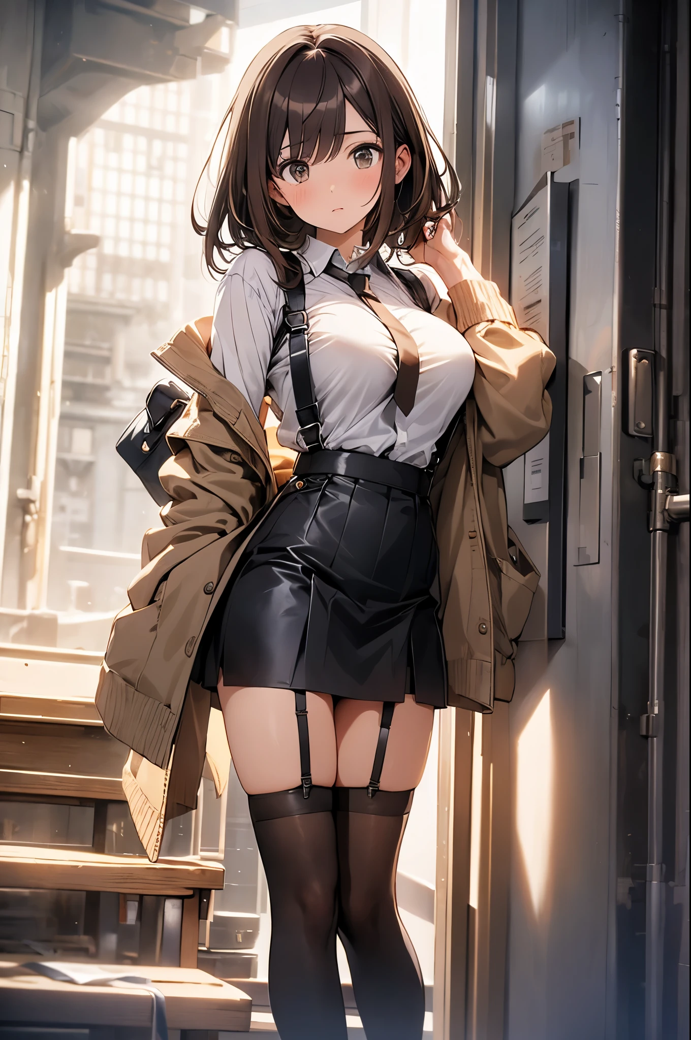 brown hair、looking at the viewer suspenders Bulging big breasts Black miniskirt garter belt knee high socks Gaze small face bangs Beauty hands up Gaze black boots provocation one person cutter shirt Panty shot hands behind put your hands behind your back Hands behind your back With your hands behind your back