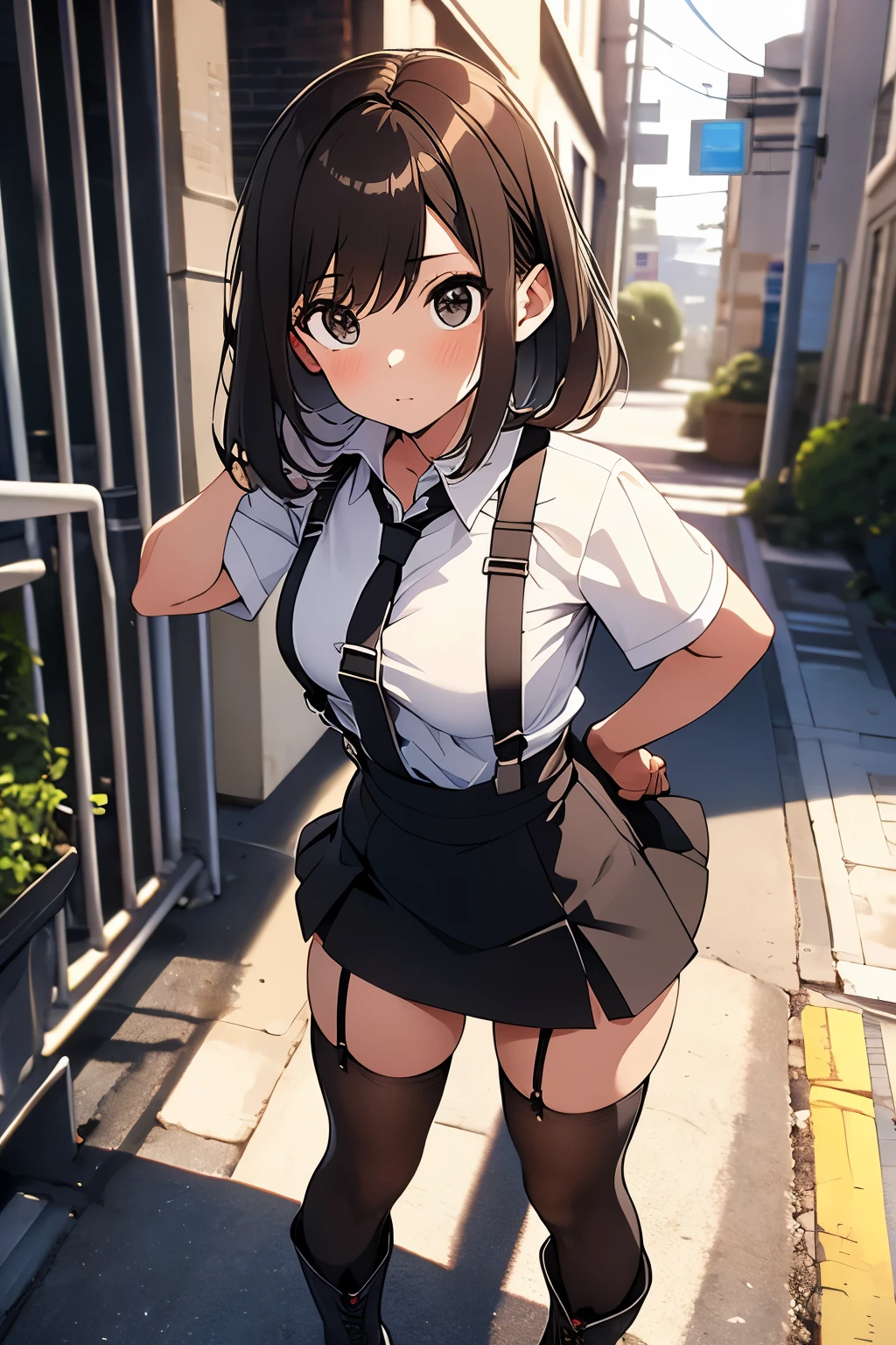 brown hair、looking at the viewer　　suspenders　　　Bulging big breasts　　 　 　　　　Black miniskirt　garter belt　knee high socks　　　　　　Gaze　　　small face　bangs 　　　　　Beauty　　hands up　　 　Gaze 　black boots 　provocation　　　one person 　　　cutter shirt　　Panty shot　hands behind　put your hands behind your back　Hands behind your back　With your hands behind your back